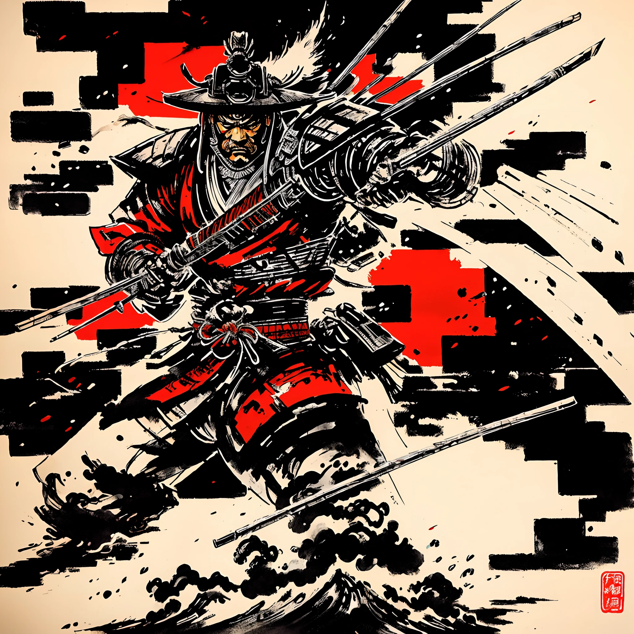Yoji shinakawa style,ink art of a shogun, absolutely stunning art