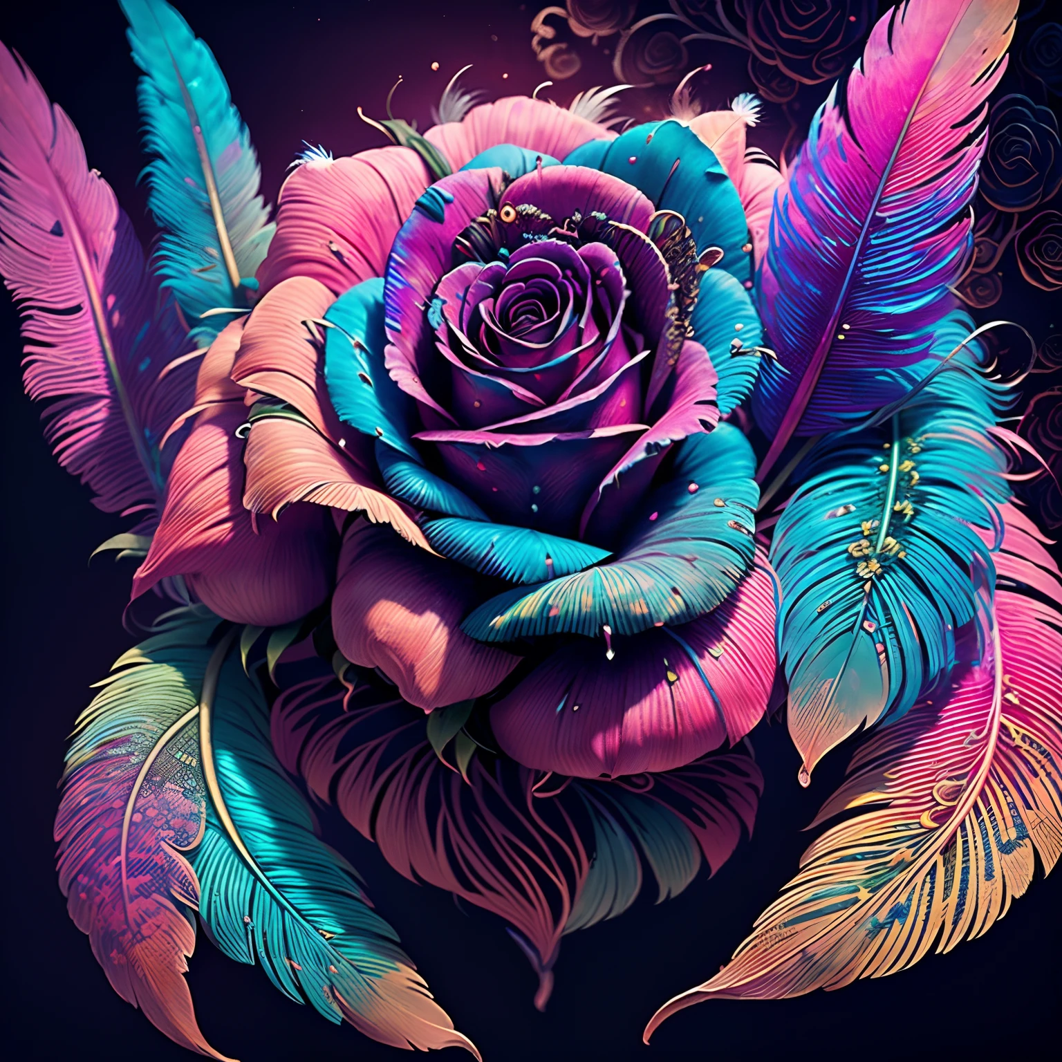 Riff Style 2 (top-quality, Best Quality, Official art, Plants and bird feathers, Beautiful and aesthetic flowers:1.2), (roses:1.3), Extremely detailed,(Fractal Art:1.1),(Colorful:1.1)(Flowers:1.3),highest details,(Zentangle:1.2), (Dynamic Pose), (Colorful abstract background:1.3), (Glossy flowers), (Many colors:1.4), Colorful Accessories, (Feathers:1.5)