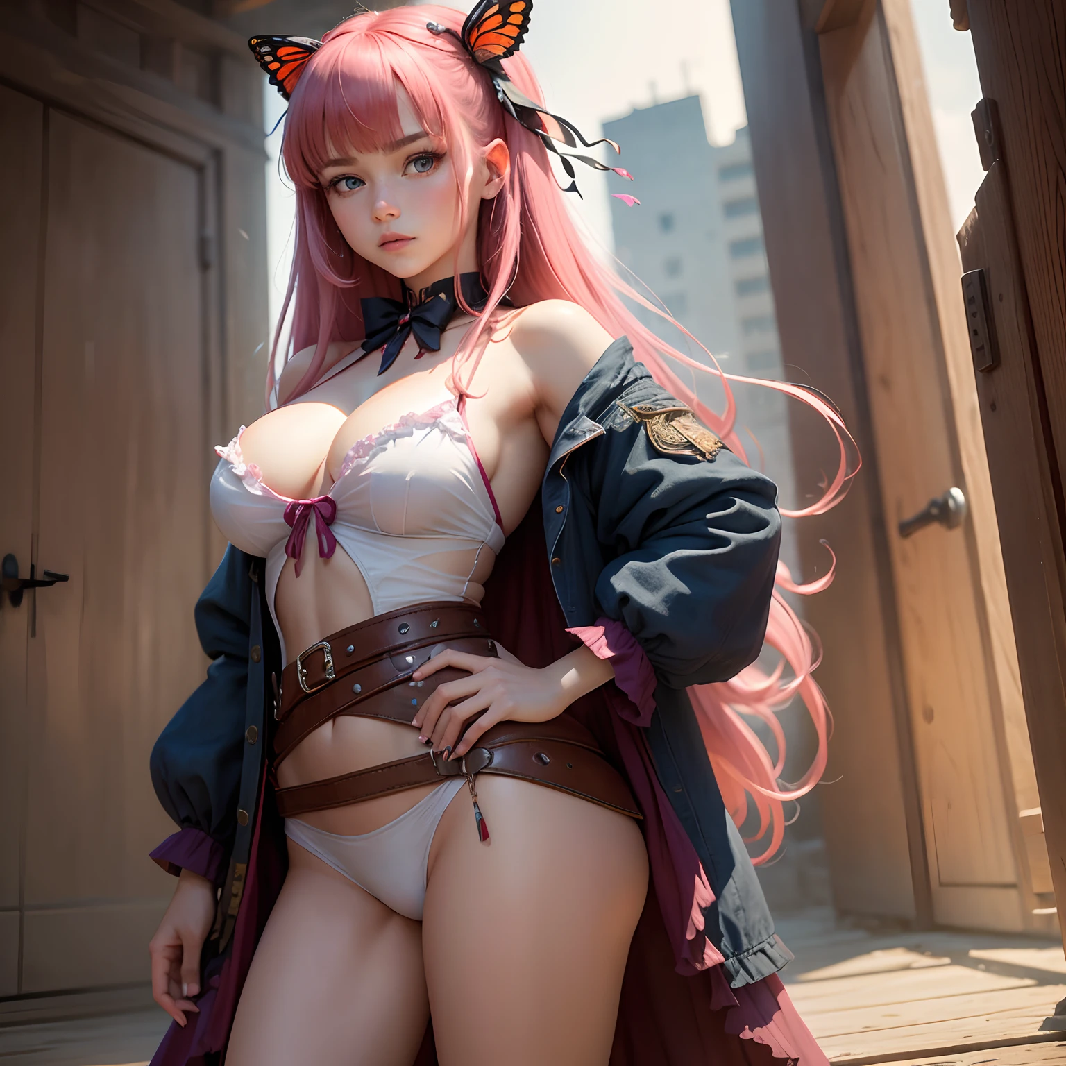 8k, masterpiece, best quality, realistic, higly detailed, cowboy shot, 1girl, solo, Nino, cute, cold-looking girl, waist-length straight hair, square bangs hanging over eyebrows, reddish-pink hair, twin butterfly-shaped ribbons on both sides of head, dark blue eyes, average height, well-endowed figure, large breasts, fashionable girl, various cute accessories, takes care of nails, War Bringuer