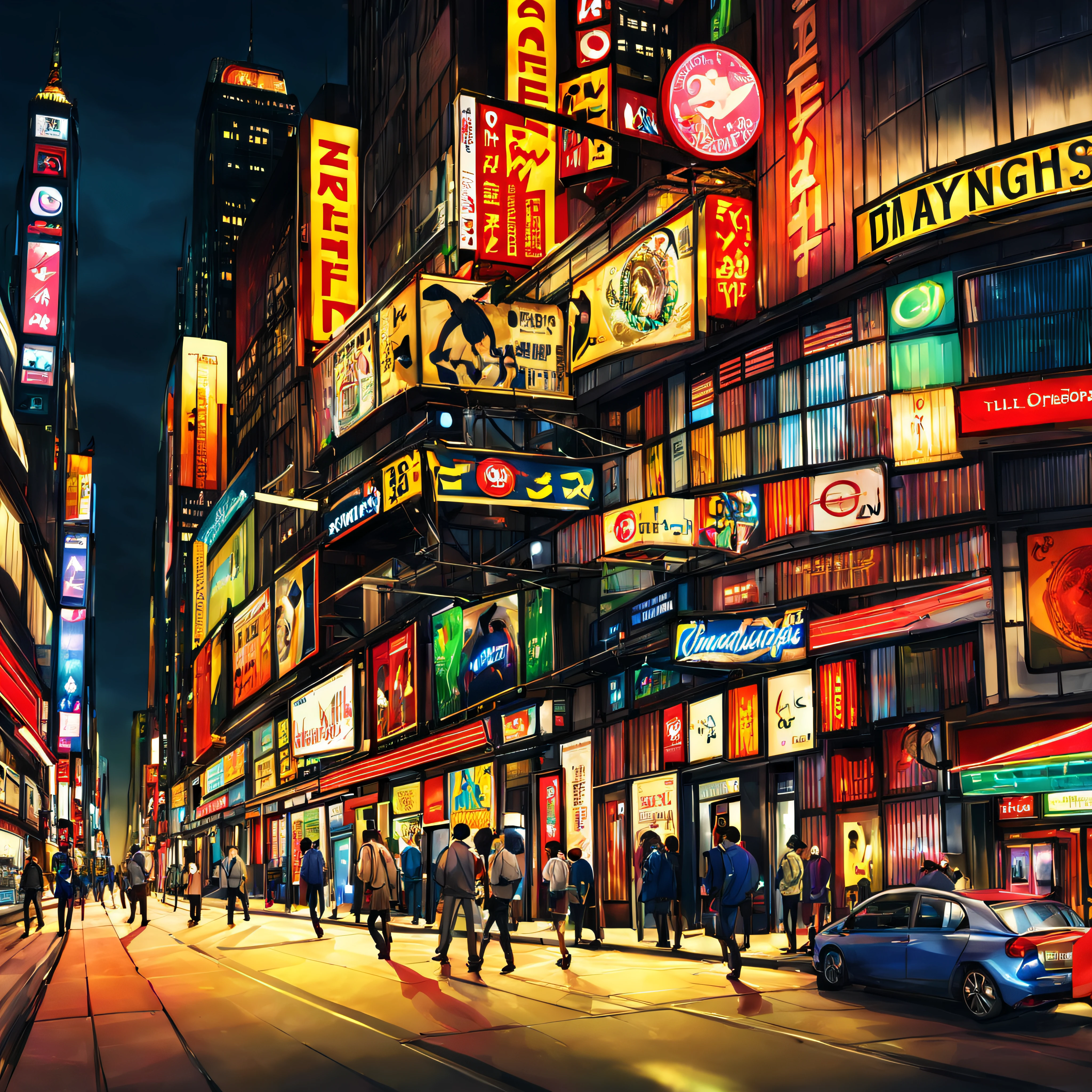 Bright lights and a vibrant nightlife,the night,8K分辨率, The is very detailed, Sharp images, digitial painting, concept-art, Popular trends on pixiv, Makoto Shinkai's style,eyes focus,Gradient color eyes,jewel_like eyes,A bustling city street,There are pedestrians everywhere