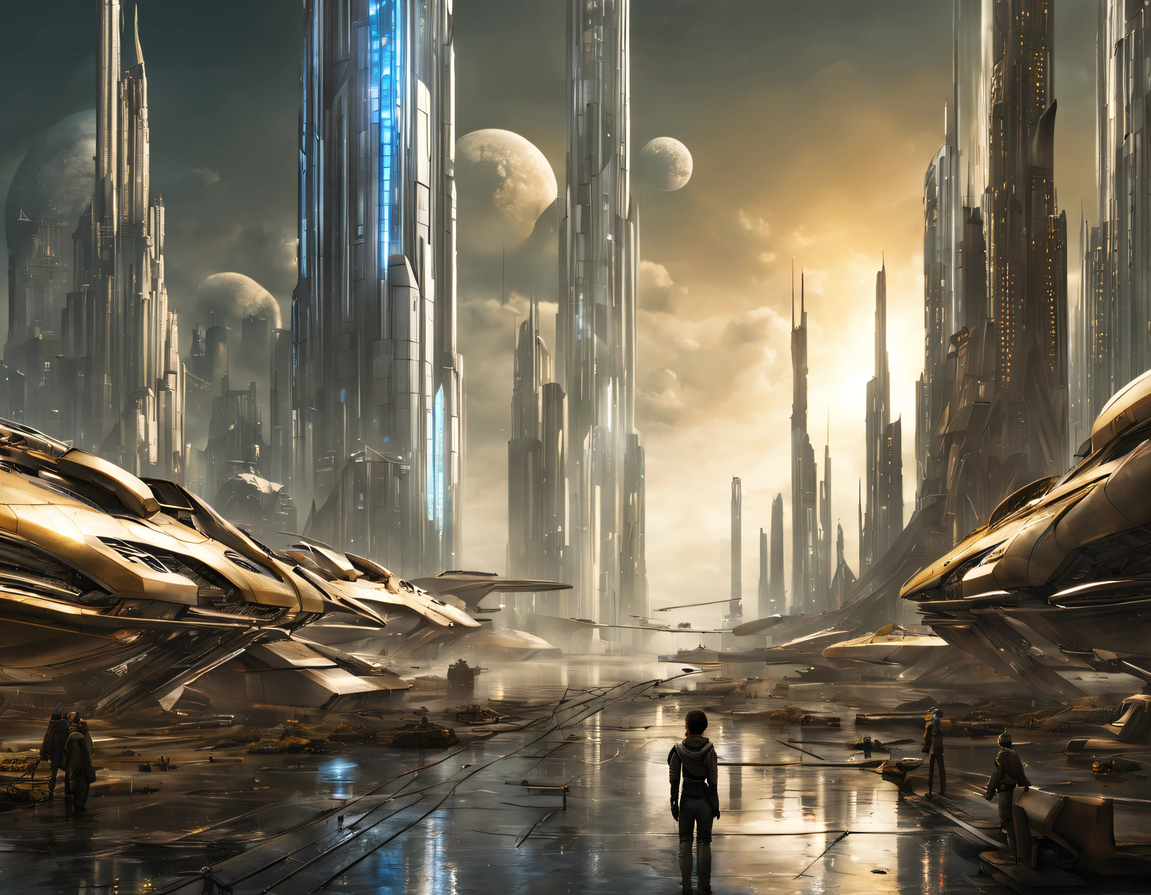 On an unknown planet there is a futuristic city with immense buildings of technological design que forman una infinita avenida, con estructuras acristaladas en plata, oro y bronce espectaculares en la que sobrevive un robot femenino espectacular. con colores vivos. pavimento ensolado. gente paseando. cierto aire a coruscant.