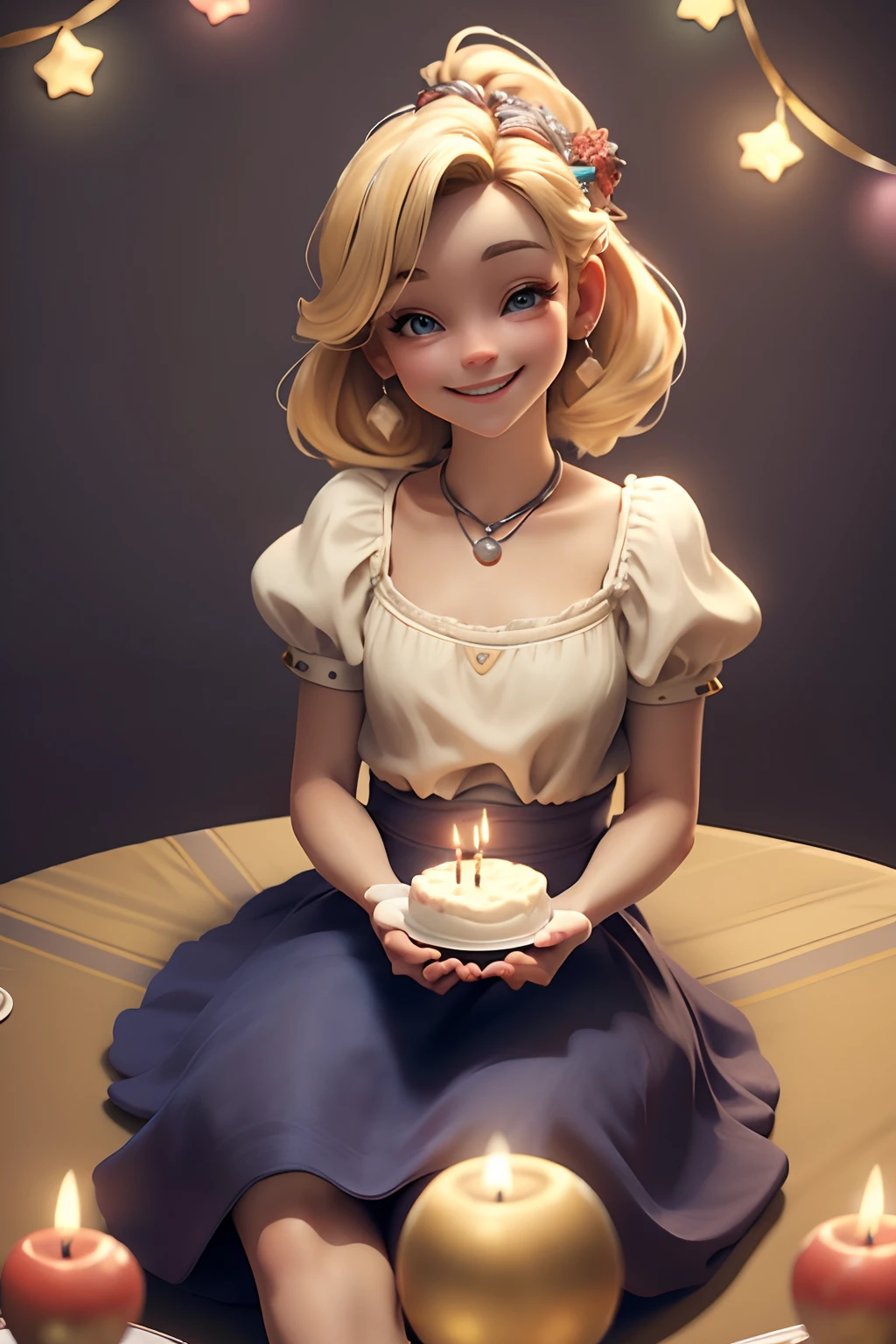 happy birthday. Festive table with cake with candles, There are a lot of colorful balls around. foreground: Little skinny blonde woman sitting on the edge of the table and smiling. Fun Party. a closeup of a.