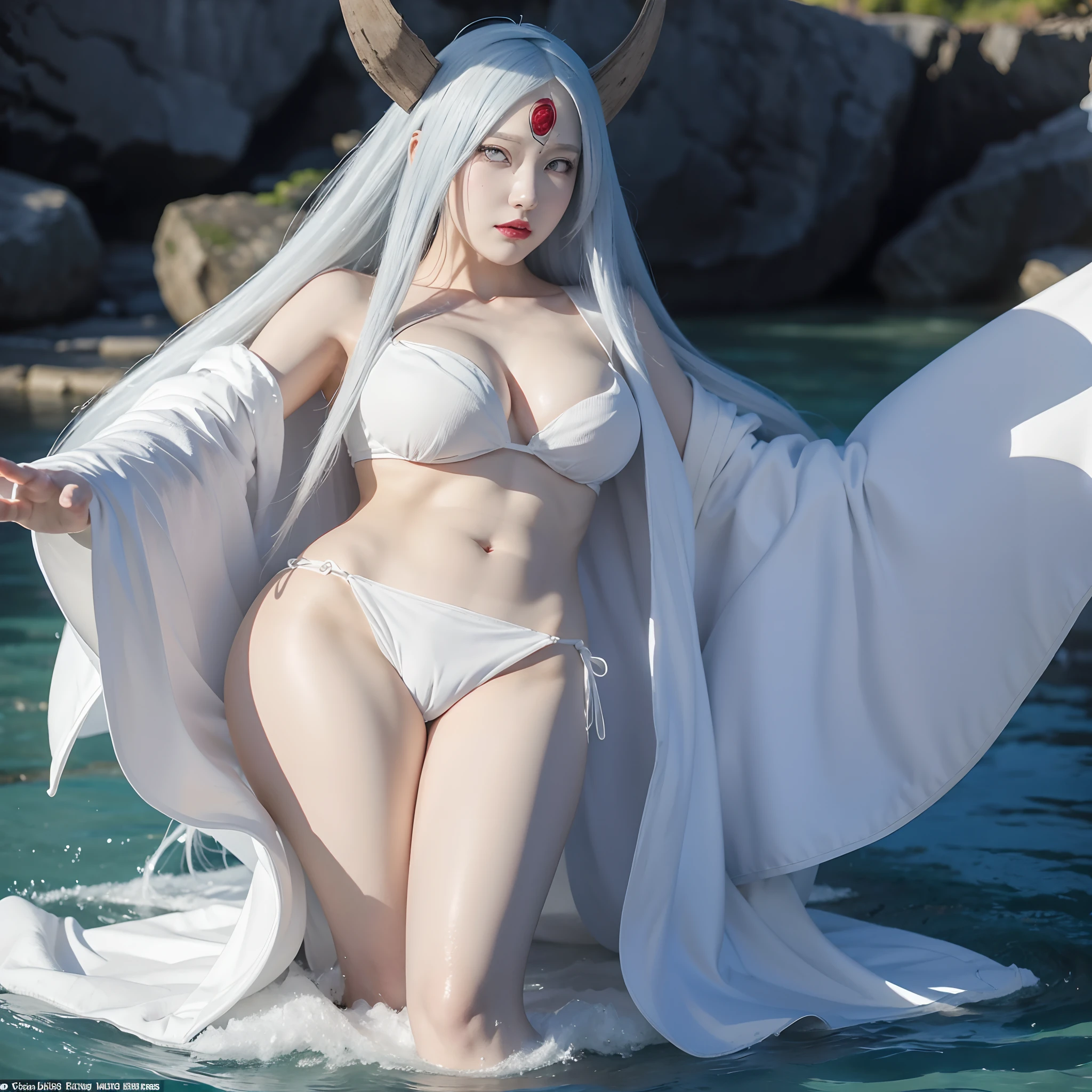 a girl with horns and a white robe showing breasts walking in the water, cleavage, kaguya otsusuki, white haired god, white skin color, white colored skin, white colored body skin, onmyoji, onmyoji detail art, onmyoji portrait, anime epic artwork, works anime fantasy art, anime fantasy illustration, anime art, advanced digital anime art, digital anime art, anime artwork, 4k anime style, anime style artwork, anime style digital art, anime character art, kaguya otsusuki from naruto