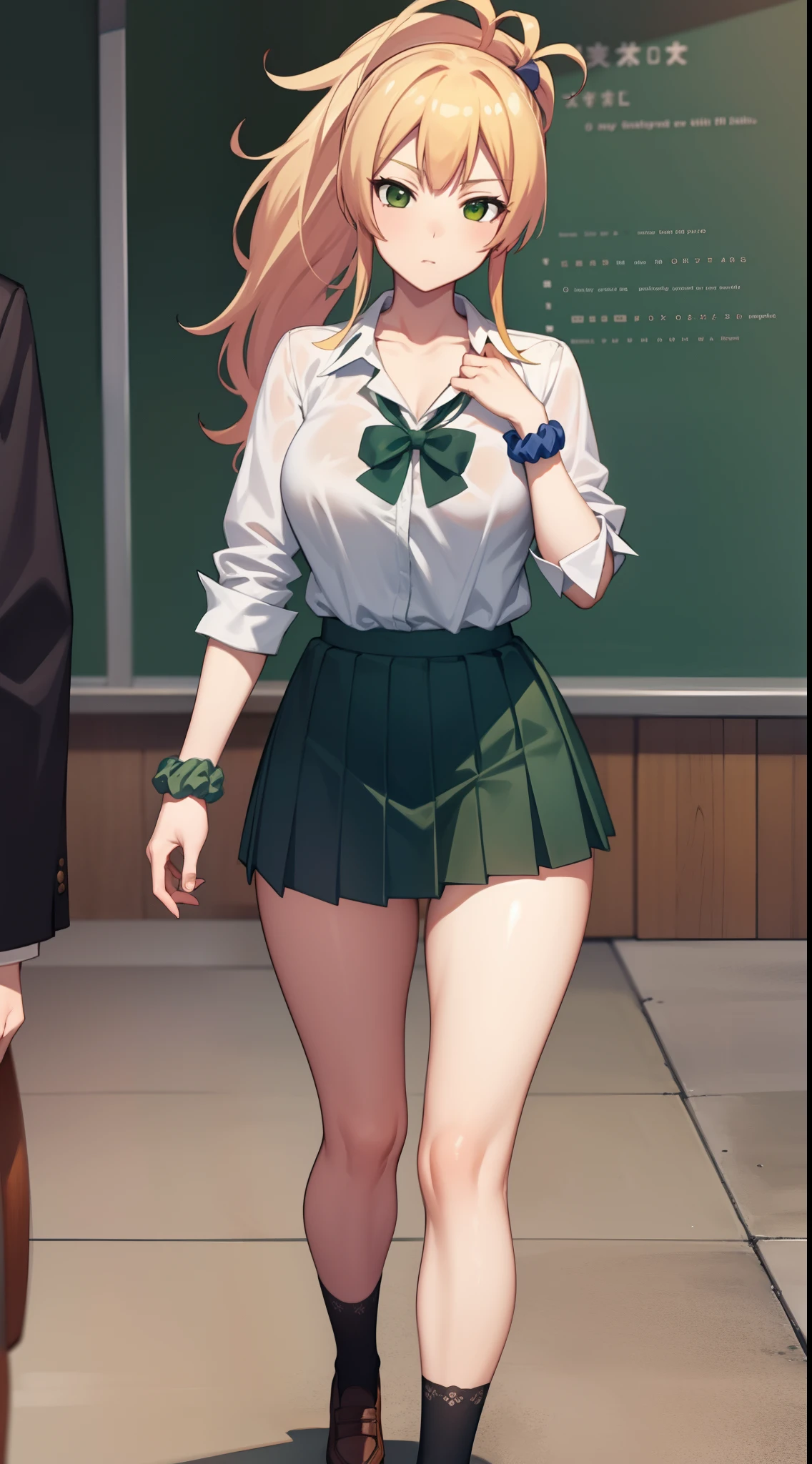 yukanayame, yukana yame, long hair, bangs, blonde hair, hair between eyes, (green eyes:1.5), ponytail, multicolored hair, scrunchie, high ponytail, lipstick, gyaru, kogal, makeup,
BREAK skirt, shirt, jewelry, school uniform, collarbone, white shirt, pleated skirt, collared shirt, miniskirt, bracelet, green skirt,
BREAK looking at viewer, full body,
BREAK indoors, classroom,
BREAK (masterpiece:1.2), best quality, high resolution, unity 8k wallpaper, (illustration:0.8), (beautiful detailed eyes:1.6), extremely detailed face, perfect lighting, extremely detailed CG, (perfect hands, perfect anatomy),