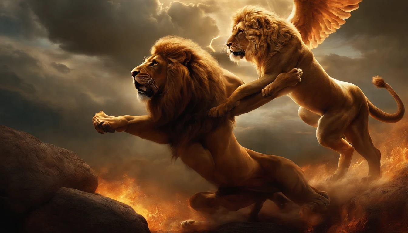 create a painting of Zeus fighting a lion showing his power