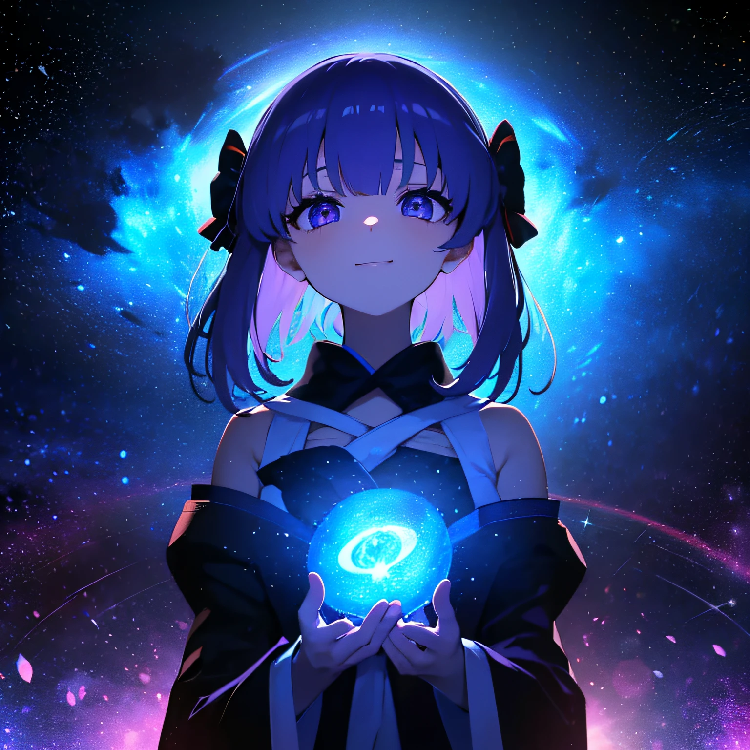 (masutepiece:1.3), (Best Quality:1.3), High resolution, Couboy Shot, on back, Sleeping, (One Cute Girl:1.3), Solo, White skin, tiny chest, huge smile、Circle of Angels、Angel Ring、eight-headed person, Purple hair, (bobhair:1.2), Mixed mesh and light blue、Short hair, (Blunt bangs:1.2), Beautiful hair, Eyes are purple, Beautiful detailed eyes, ultradetailed eyes、Sparkling eyes、octans,cloud,colorful starry,stars,Iridescent aura around the eyes、Iridescent eyes、Detailed eyes that are sucked in,Wearing a rainbow-colored aura from all over her body、purpleish color, Outdoors, Purple background, Shadow lighting,perfectbody