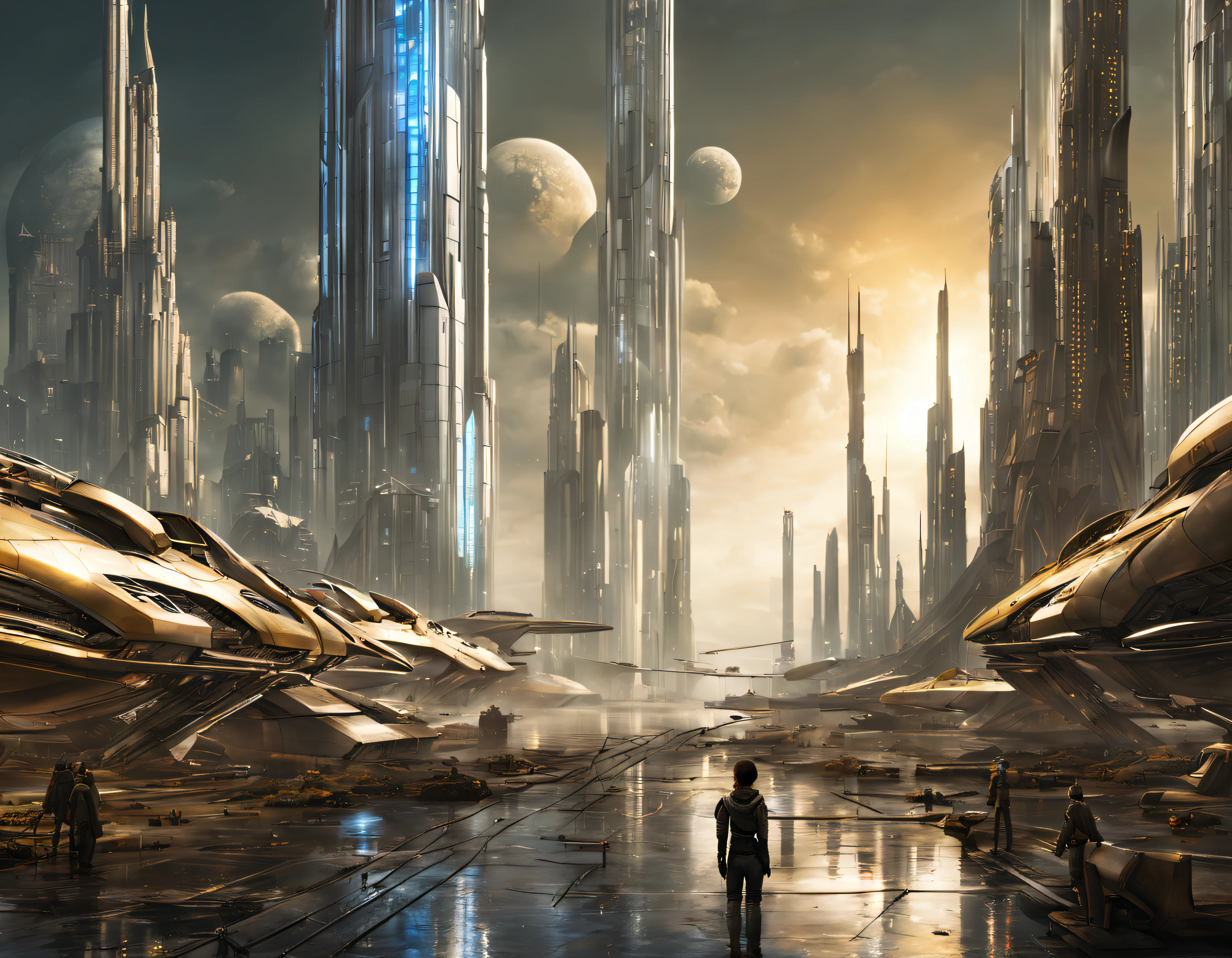 On an unknown planet there is a futuristic city with immense buildings of technological design que forman una infinita avenida, con estructuras acristaladas en plata, oro y bronce espectaculares en la que sobrevive un robot femenino espectacular. con colores vivos. pavimento ensolado. gente paseando. cierto aire a coruscant.