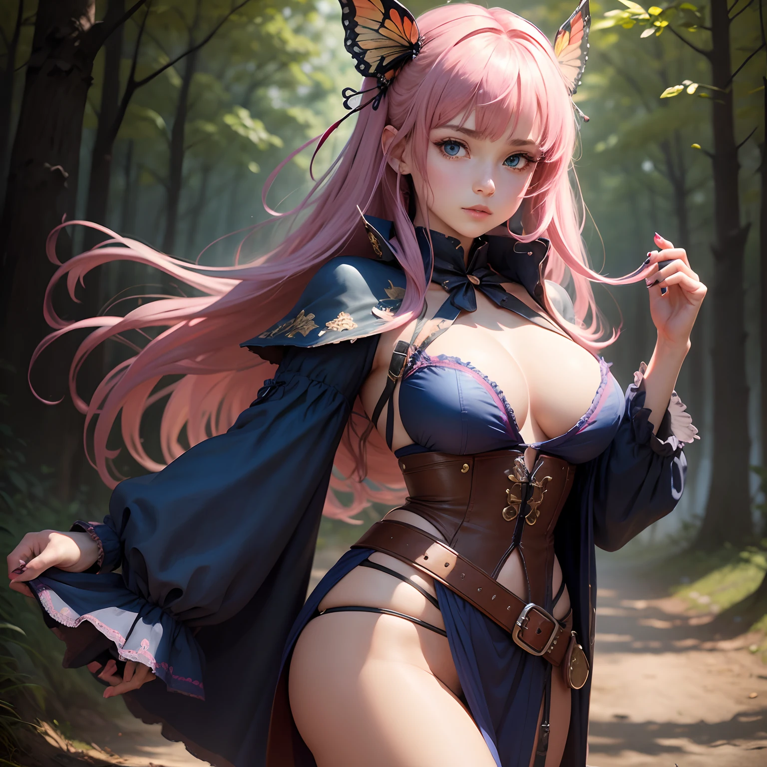 8k, masterpiece, best quality, realistic, higly detailed, cowboy shot, 1girl, solo, Nino, cute, cold-looking girl, waist-length straight hair, square bangs hanging over eyebrows, reddish-pink hair, twin butterfly-shaped ribbons on both sides of head, dark blue eyes, average height, well-endowed figure, large breasts, fashionable girl, various cute accessories, takes care of nails, Dragon of Wrath