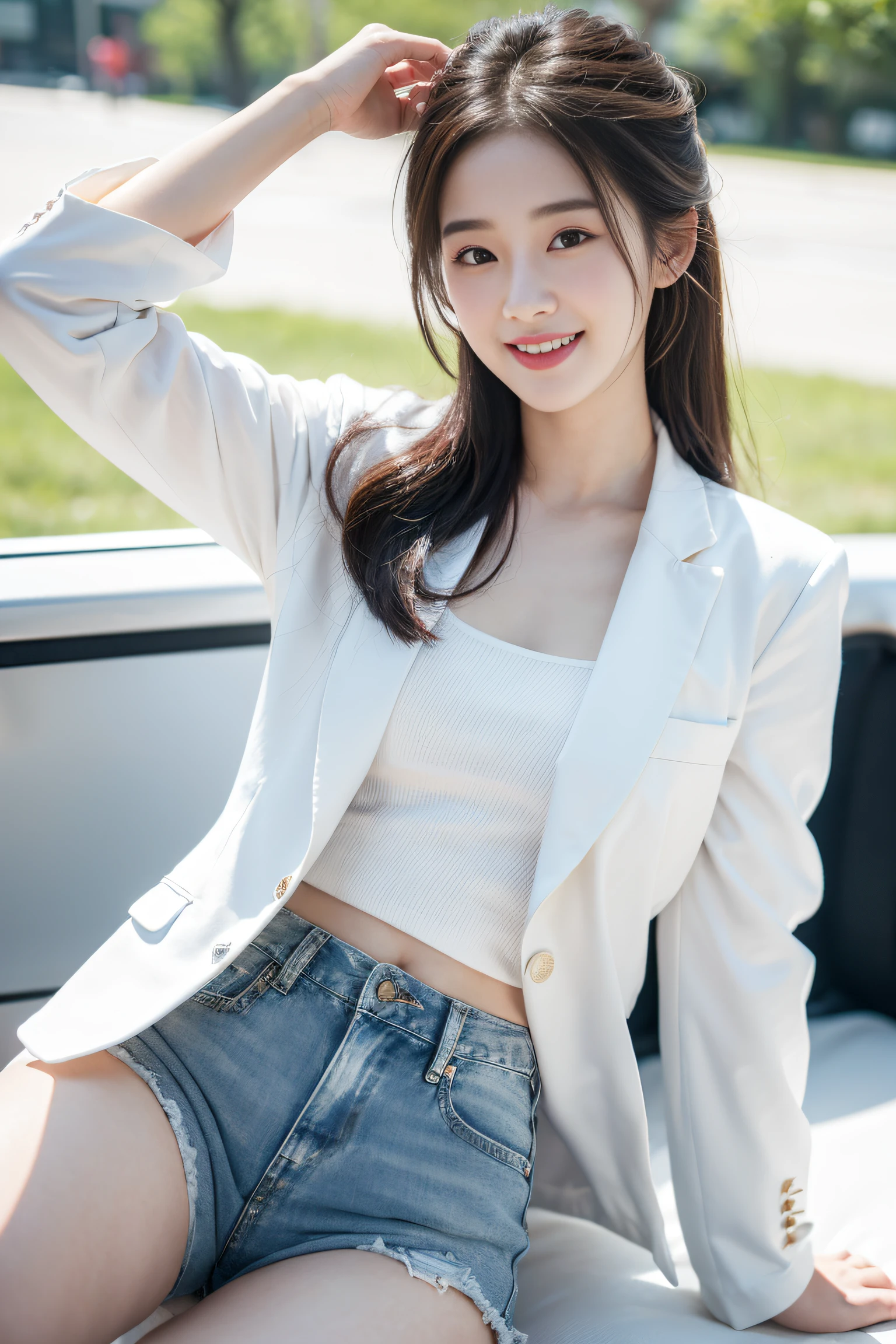 (Best quality, Complex details: 1.2,Realistic:1.2) ,A girl\(24 years old\),[Liu Yifei:0.9],(looking at viewert),(white suit jacket:1.2),[Pink|Red:0.2 camisole ],(Denim shorts), grin,(White skin:1.2),(Many people:1.2),