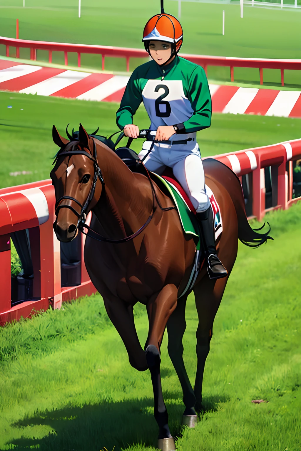 (masterpiece), best quality, horse, 1 men, Active Volcano race horse, 2 years old, bay hair, jockey: Kohei Matsuyama, orange bridle, orange face strap, ((jockey's-helmet is green, jockey's bib is also green)), leading by one length on the grass racetrack. The appearance of running,