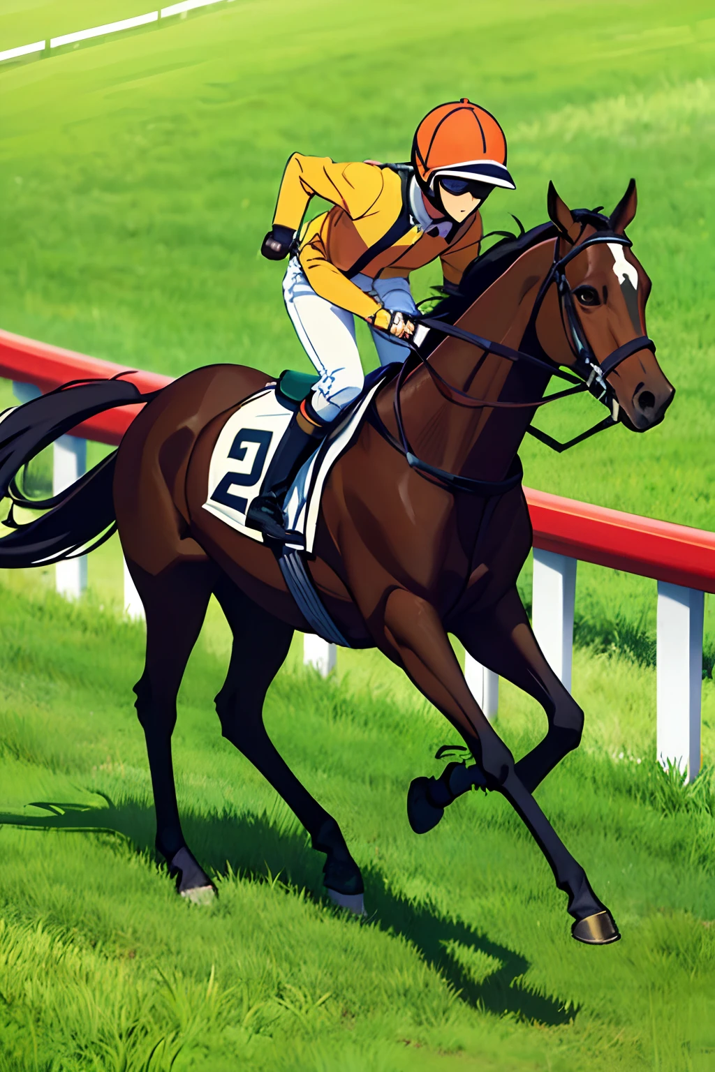 (masterpiece), best quality, horse, 1 men, Active Volcano race horse, 2 , bay hair, jockey: Kohei Matsuyama, orange bridle, orange face strap, ((jockey's-helmet is green, jockey's bib is also green)), leading by one length on the grass racetrack. The appearance of running,