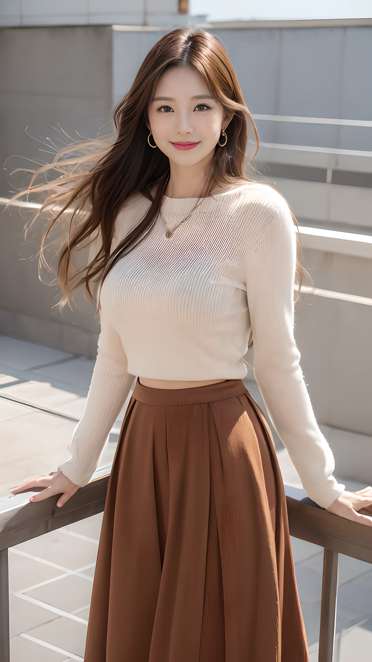 long (waist-length:1.2) windblown hair, masterpiece, best quality, highres, 1girl, japanese, looking at viewer, (smile:0.6), rooftop of building with fence, wind, skirt lift, loose fit sweater, (flare long skirt:1.33), long boots, hoop earrings, cowboy shot,