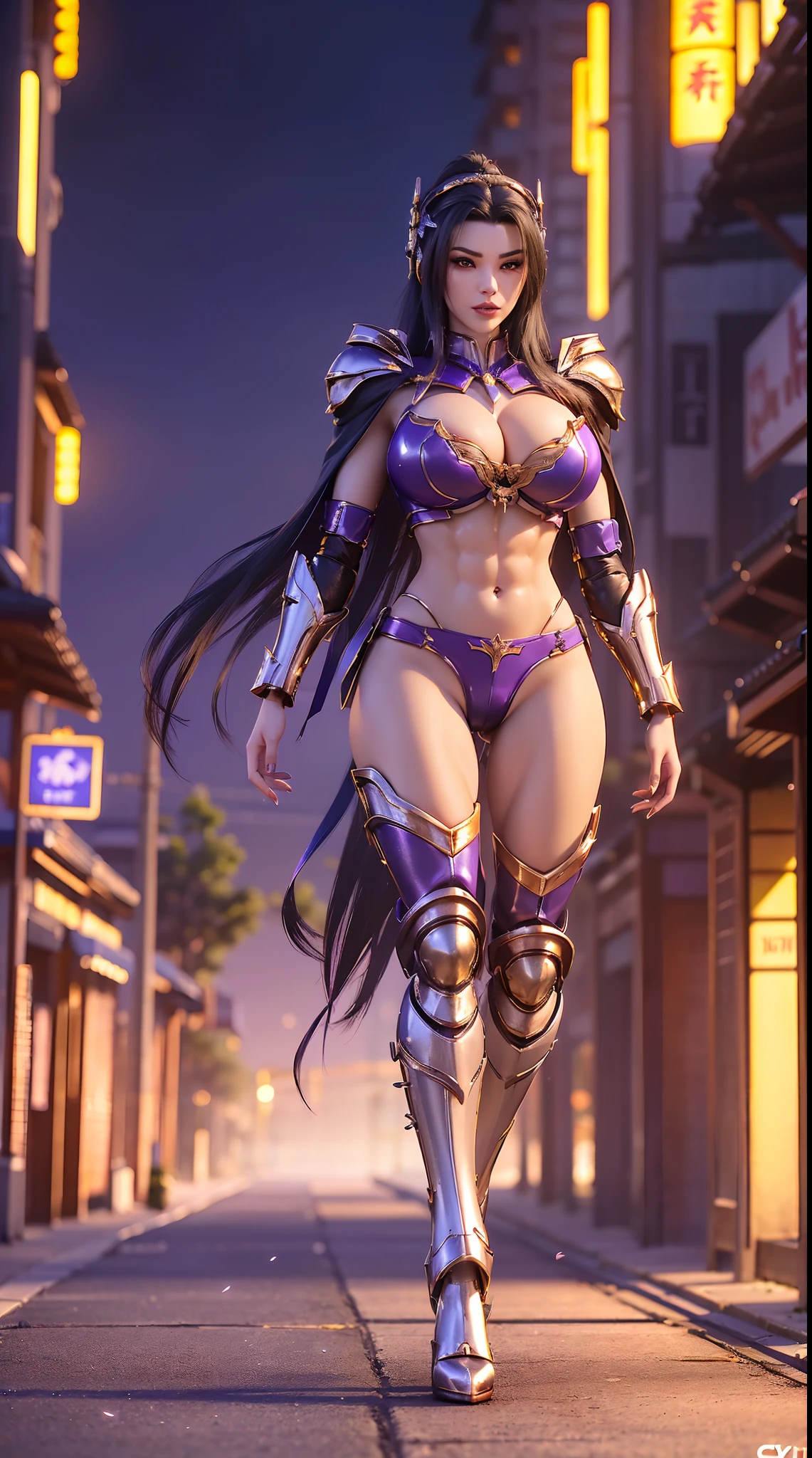 1GIRL, SOLO, (ssmile, makeup, beautifull eyes, red libs, shiny black hair, gold dragon helm), (HUGE FAKE BOOBS:1.3), (GUARD ARM, FINGERLESS GLOVES), (black, purple, GIRL IN MECHA CYBER ARMOR CROP TOP, ROYAL FEATHERS CAPE, CLEAVAGE, BLACK SKINTIGHT HOTPANTS, HIGH HEELS:1.4), (MUSCULAR BODY, SEXY LONG LEGS, FULL BODY:1.5), (MUSCLE ABS:1.2), (LOOKING AT VIEWER:1), (WALKING DOWN ON STREET NIGHT CHERRY TREES:1.3), PHYSICALLY-BASED RENDERING, ULTRA HIGHT DEFINITION, 8K, 1080P.