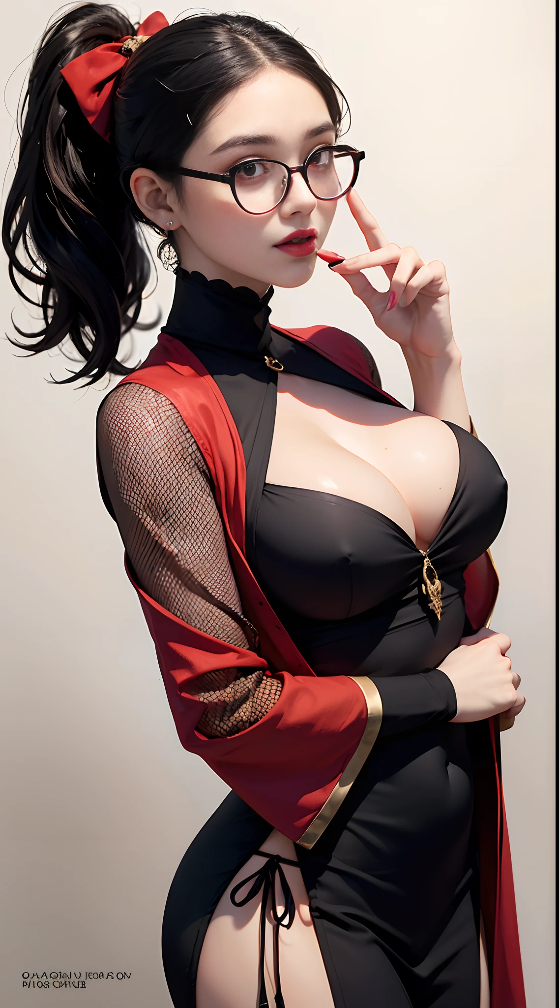 1 beautiful devil woman from hell, surreal female portraits by David Hockney and Alphonse Mucha, Fantasy Art, Chinese Doll, Photorealism, Dynamic lighting, art stations, poster for, Volumetric lighting, extra detailed face, 8k ultra, Awarded, In the Dark, lowkey, cowboy lens, (Black Phoenix Dress: 1.0), Long hair, Black hair, Bust, Devil's Palace, devil crown, red eyes make up very sharp and detailed, The most beautiful face, 、((((black-rimmed round glasses))))、 Super tight breasts, Breast augmentation surgery, The breasts are very big and round and round, Super realistic, Black Dark Magic, Skull breastplate, Charming smile, The eyes are very well made up, ((Red Eye:1.0)), guweiz, devil style, wearing black mesh socks, Ponytail with a bow tied at the back of the hair, plump beautiful red lips, wearing a thin red and black robe, Hands pull the straps to expose sexy breasts, the landscape is overcast and thunderous, Beautiful female demon portrait, Protagonist Close-up, (Detailed spooky backgrounds:0.8), nffsw, nffsw, The 8k quality, detailed pixel, Meet beautiful girls, Look at the girl's body, ((((black-rimmed round glasses))))、Portrait of a woman dressed in black magic clothes、