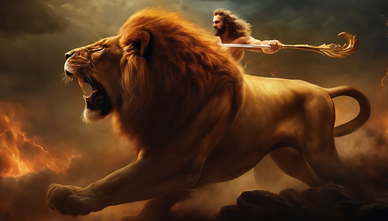 create a painting of Zeus fighting a lion showing his power