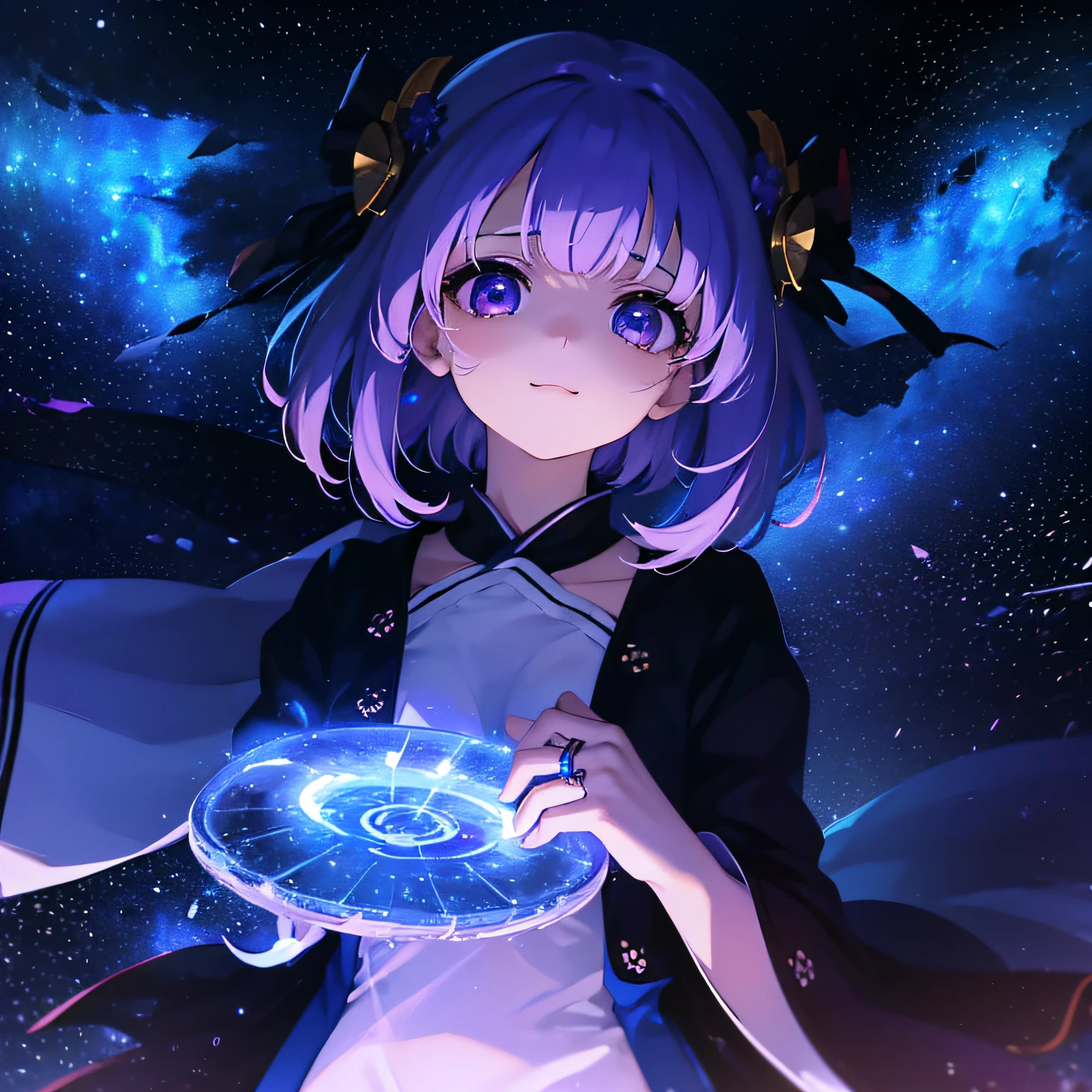 (masutepiece:1.3), (Best Quality:1.3), High resolution, Couboy Shot, on back, Sleeping, (One Cute Girl:1.3), Solo, White skin, tiny chest, huge smile、Circle of Angels、Angel Ring、eight-headed person, Purple hair, (bobhair:1.2), Mixed mesh and light blue、Short hair, (Blunt bangs:1.2), Beautiful hair, Eyes are purple, Beautiful detailed eyes, ultradetailed eyes、Sparkling eyes、octans,cloud,Colorful starry sky,Stars,Iridescent aura around the eyes、Iridescent eyes、Fine eyes to be sucked in,Wearing a rainbow-colored aura from the whole body、purpleish color, Outdoors, Purple background, Shadow lighting,perfectbody