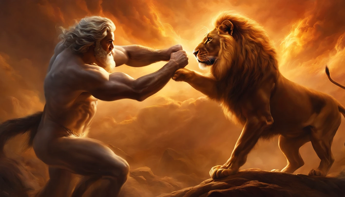 create a painting of Zeus fighting a lion showing his power
