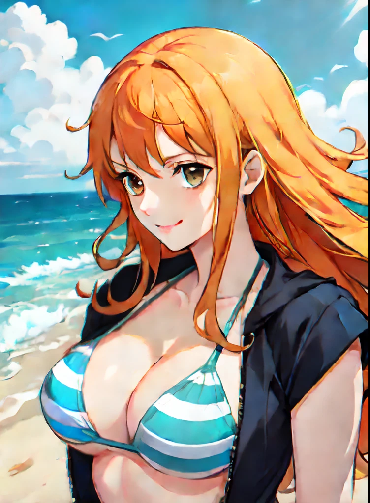 1girl in,,bikini of,Blurry_Foreground,breasts,corrected,Depth_In the_field,flaccid,greys_Background,hetero,long_hair,Lying,mosaic_censorship,motion_blur,Navel,orange_hair,Photo_(Medium),Sandals,Smile,Solo_Focus,Striped,Striped_bikini of,Swimsuit,Nami_(One_piece)