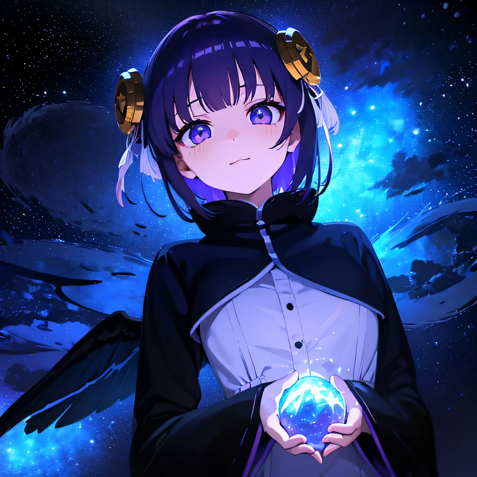 (masutepiece:1.3), (Best Quality:1.3), High resolution, Couboy Shot, on back, Sleeping, (One Cute Girl:1.3), Solo, White skin, tiny chest, huge smile、Circle of Angels、Angel Ring、eight-headed person, Purple hair, (bobhair:1.2), Mixed mesh and light blue、Short hair, (Blunt bangs:1.2), Beautiful hair, Eyes are purple, Beautiful detailed eyes, ultradetailed eyes、Sparkling eyes、octans,cloud,Colorful starry sky,Stars,Iridescent aura around the eyes、Iridescent eyes、Fine eyes to be sucked in,Wearing a rainbow-colored aura from the whole body、purpleish color, Outdoors, Purple background, Shadow lighting,perfectbody