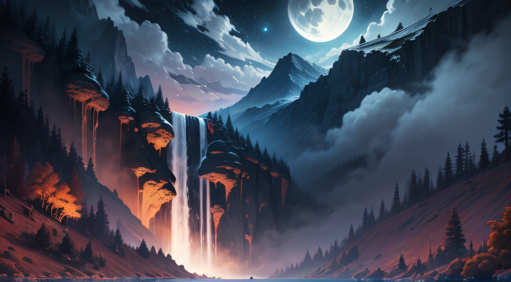 Very good 8KCG wallpapers, very fine 8K CG wallpaper, Layered Mountains, High Mountains, Terraced wide waterfall, the moon, Crush clouds. In the dark of night, Dark Night, Magnificent tree,