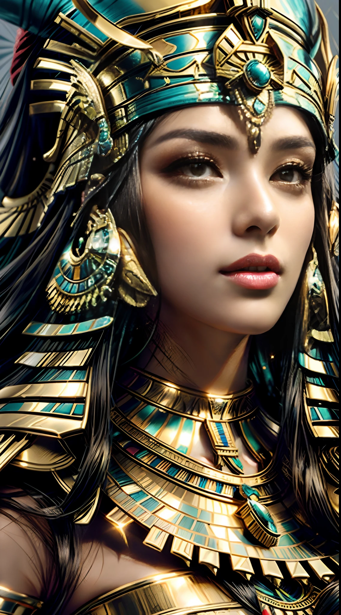 A closeup of a woman wearing a golden headdress and a red hat, beautiful cleopatra, cleopatra portrait, cleopatrah, Um retrato impressionante de uma deusa, Egyptian Princess, Egyptian, 8k arte detalhada de alta qualidade, deusa. detalhes extremamente altos, Retrato de uma bela deusa, deusa bonita, uma bela imperatriz fantasia, Egyptian makeup, Princesa Libu antiga