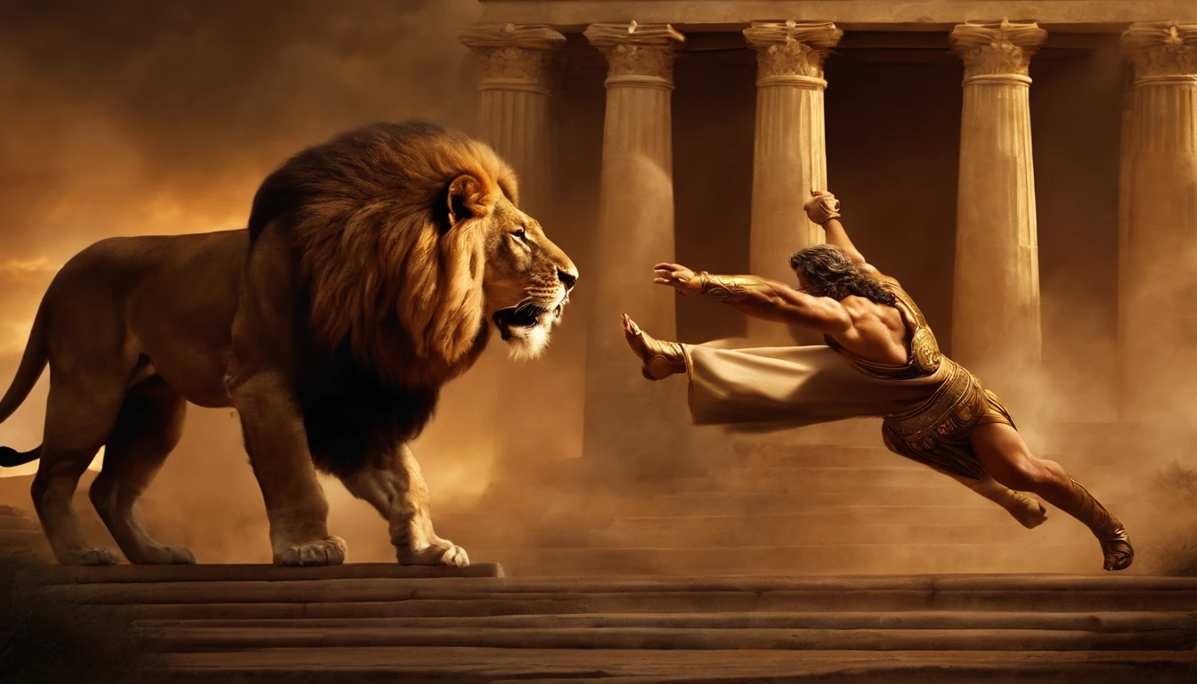 create a painting of Zeus fighting a lion showing his power
