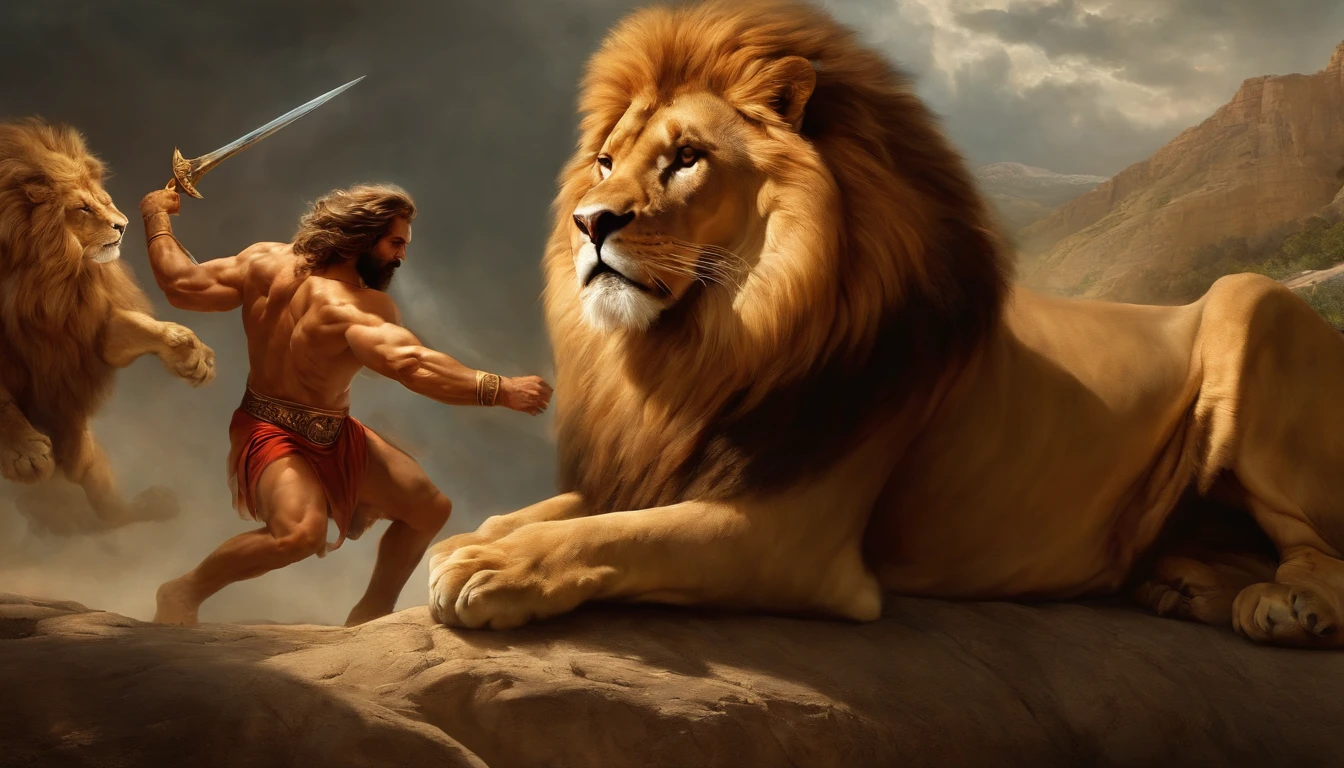 create a painting of Zeus fighting a lion showing his power