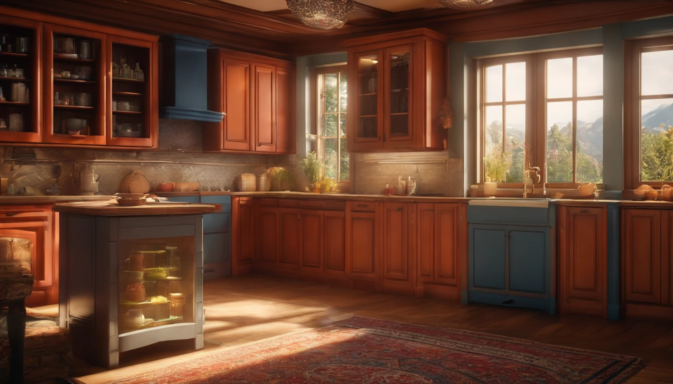 landscape of video game ，Gorgeous renovation，refrigerator，cupboard，Wide scene，in a panoramic view，From the outside, hyper HD, High details