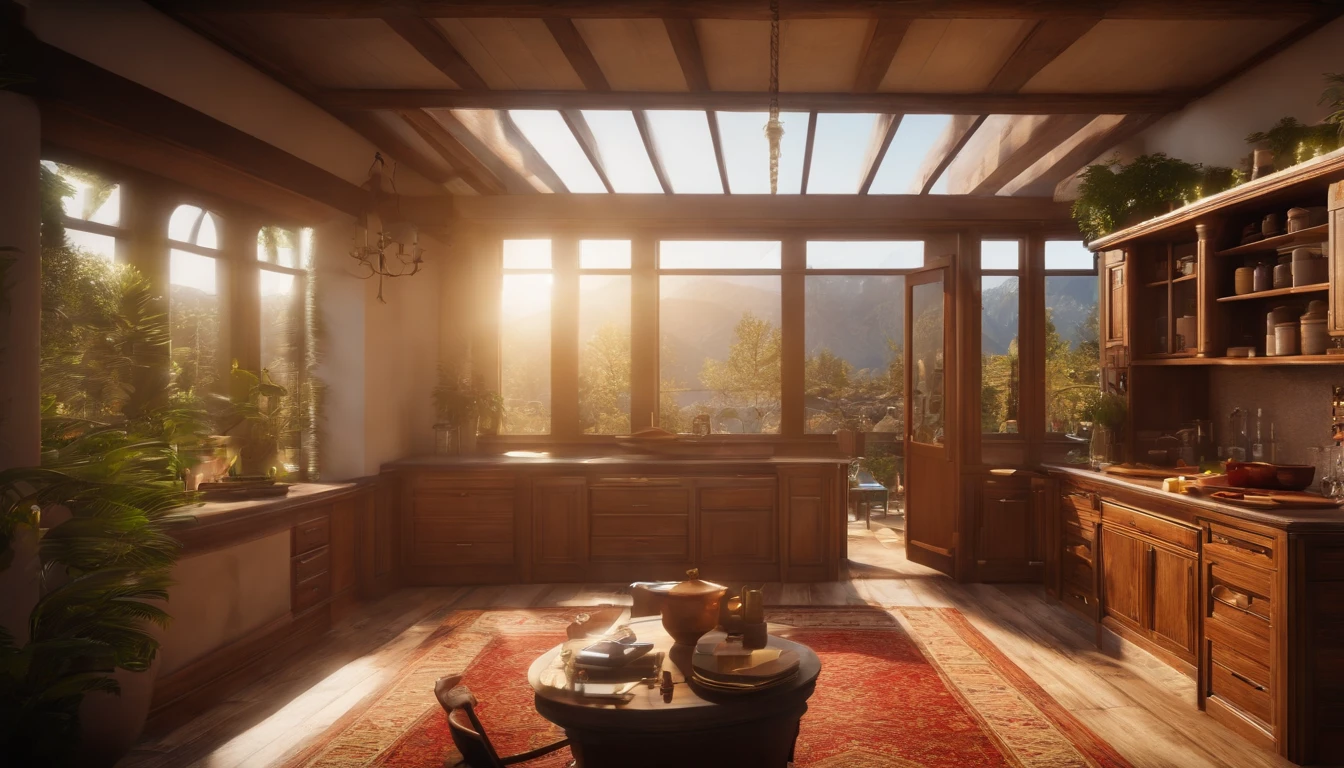 landscape of video game ,Gorgeous renovation,refrigerator,cupboard,Wide scene,in a panoramic view,From the outside, hyper HD, High details