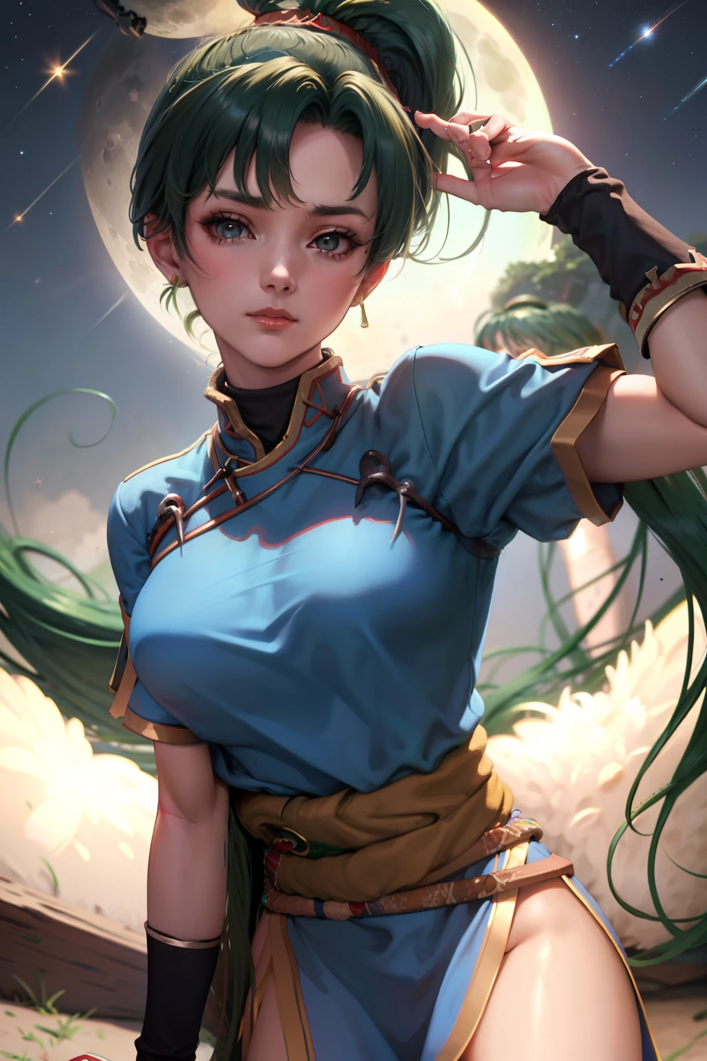 (Lyn from FE) (Wearing Lyn Clothes) (High definition) (high quality) (extremely detailed) (moon and stars background) (Perfect light)(cute face)