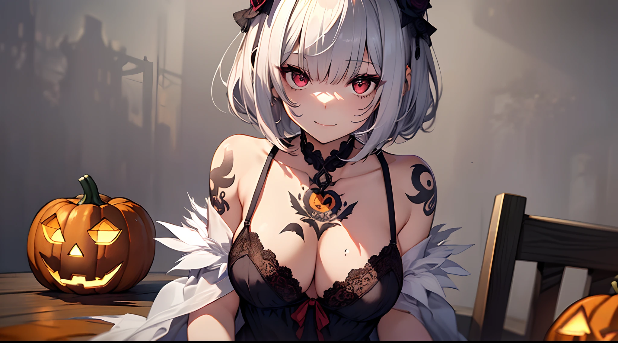 top-quality、Top image quality、in 8K,4K,masterpiece、(NSFW:1.1)、ultra-detailliert、Beautiful、ultra-quality、adult-like、Cool、girl with(((18year old、negligee:1.5、Bust 78、silber hair、a short bob、Red Eyes、erotick:1.4、Happiness、Jack-o'-lantern、The tattoo)))、hiquality、visualart、Background with((Halloween 1.3))、masutepiece