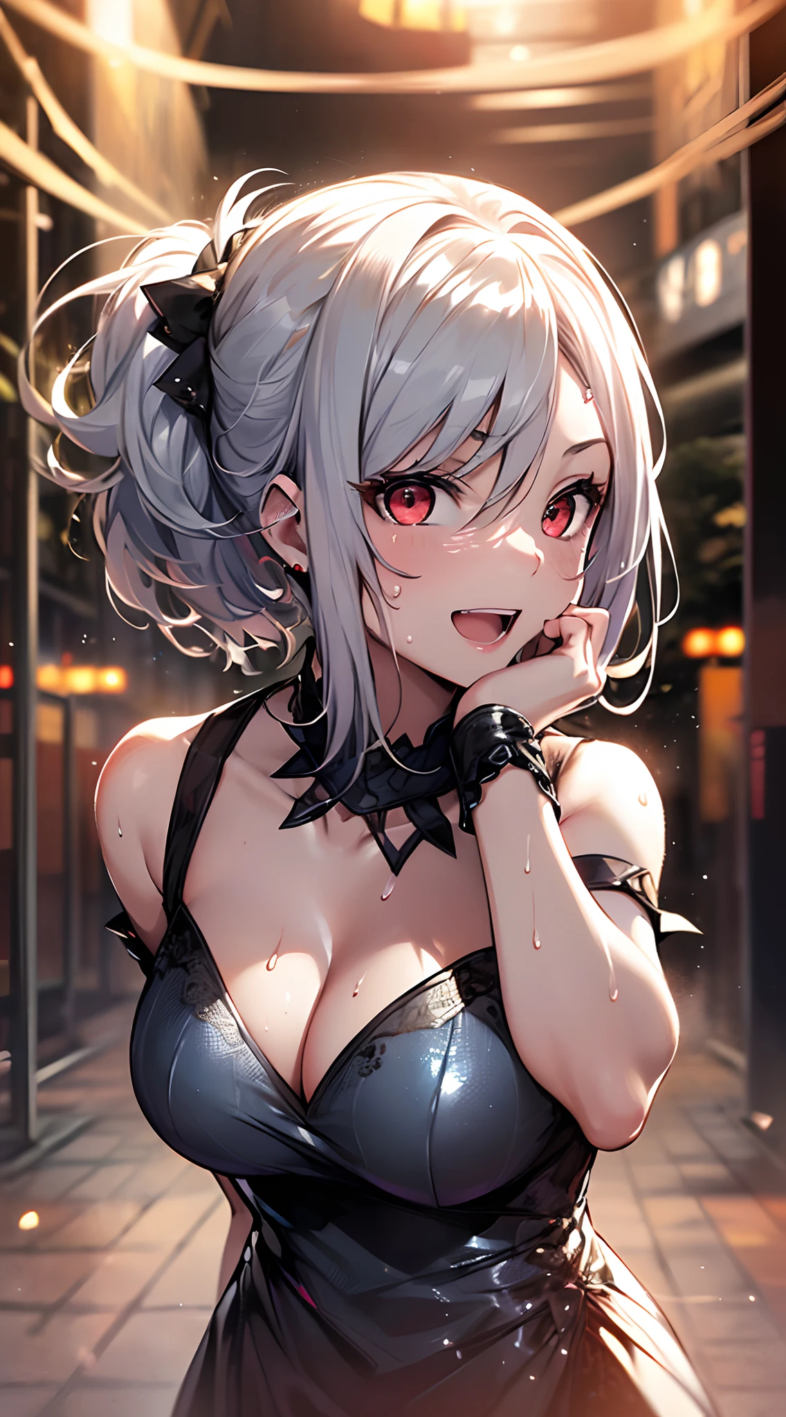 top-quality、Top image quality、in 8K,4K,masterpiece、(NSFW:1.1)、ultra-detailliert、Beautiful、ultra-quality、adult-like、Cool、girl with(((18year old、Evening dresses that emphasize cleavage:1.4、Skin shiny with sweat:1.1、Bust 78、silber hair、a short bob、Red Eyes、erotick:1.4、an ecstatic look on one's face)))、hiquality、visualart、Background with((Dance hall:1.3))、masutepiece