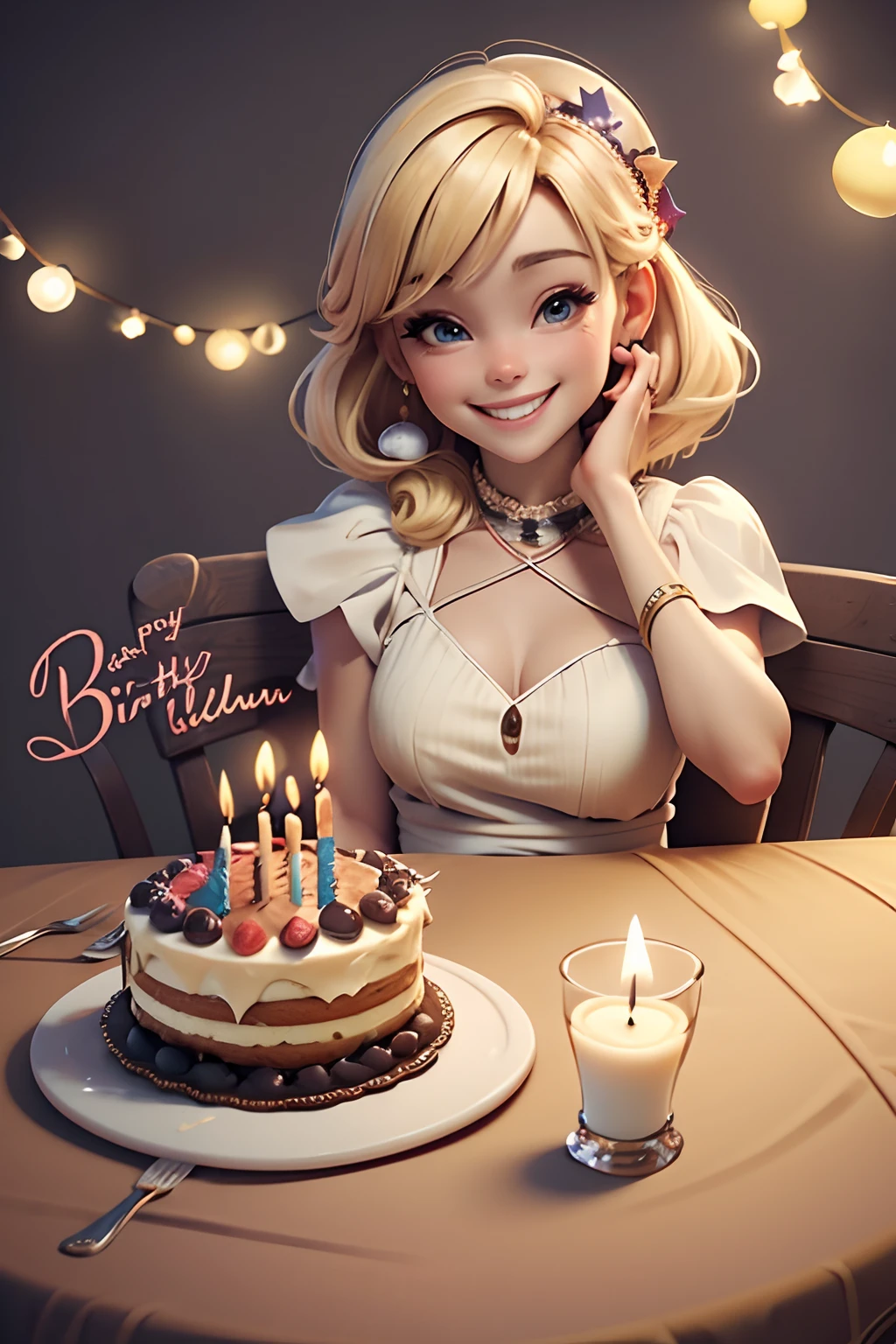 happy birthday. Festive table with cake with candles, There are a lot of colorful balls around. Little skinny blonde woman sitting at table and smiling. Fun Party. a closeup of a.