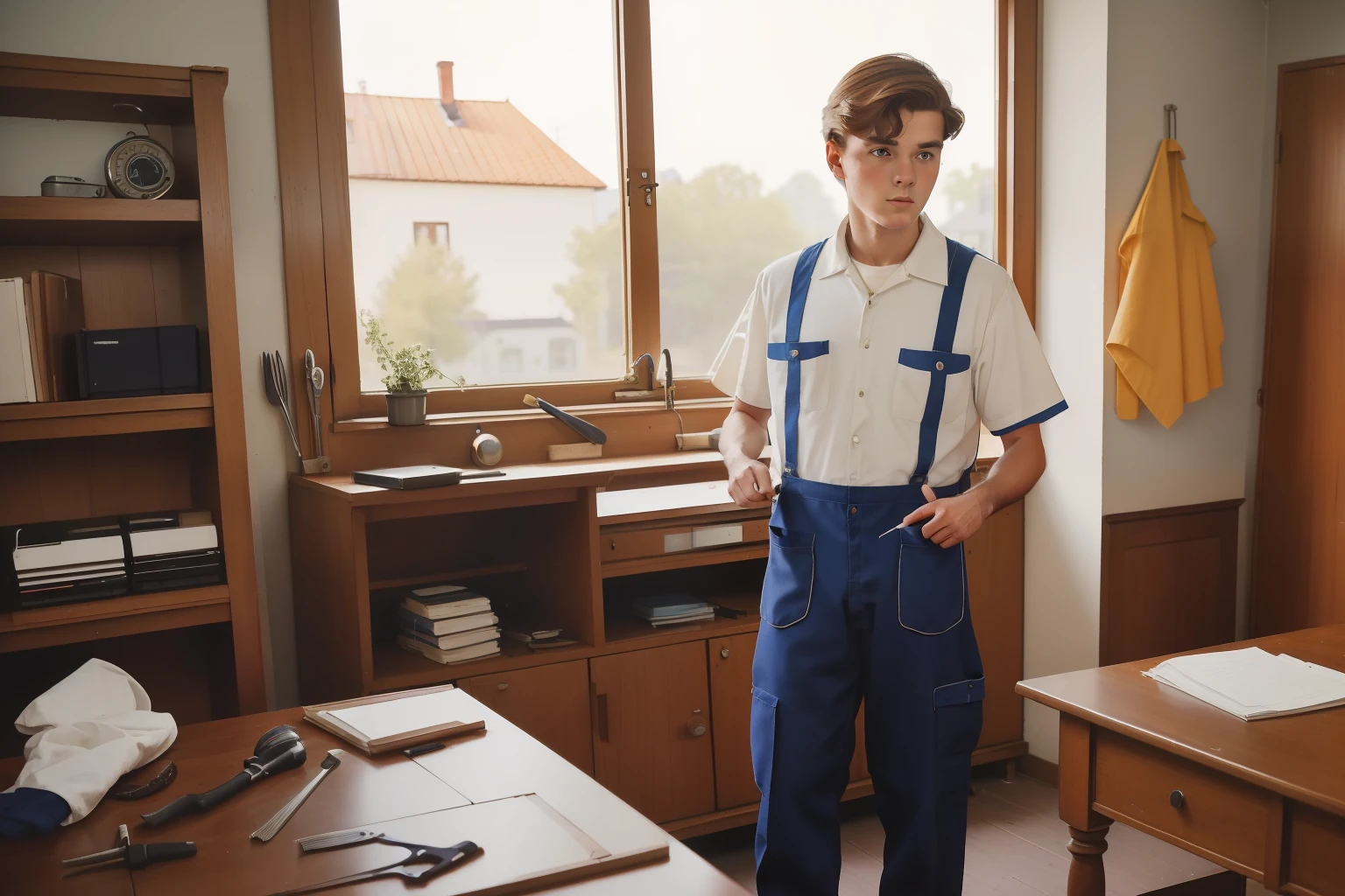 year: 1982. Location: Sweden. Pre-Raphaelite scene with a 18-year-old man, ((clean classic look)), ((strict)), house renovation, construction, tools, ((((work Clothing from the 1980s)))) ((Hairstyle of the 1980s)), (((in the style of "OMITB")))