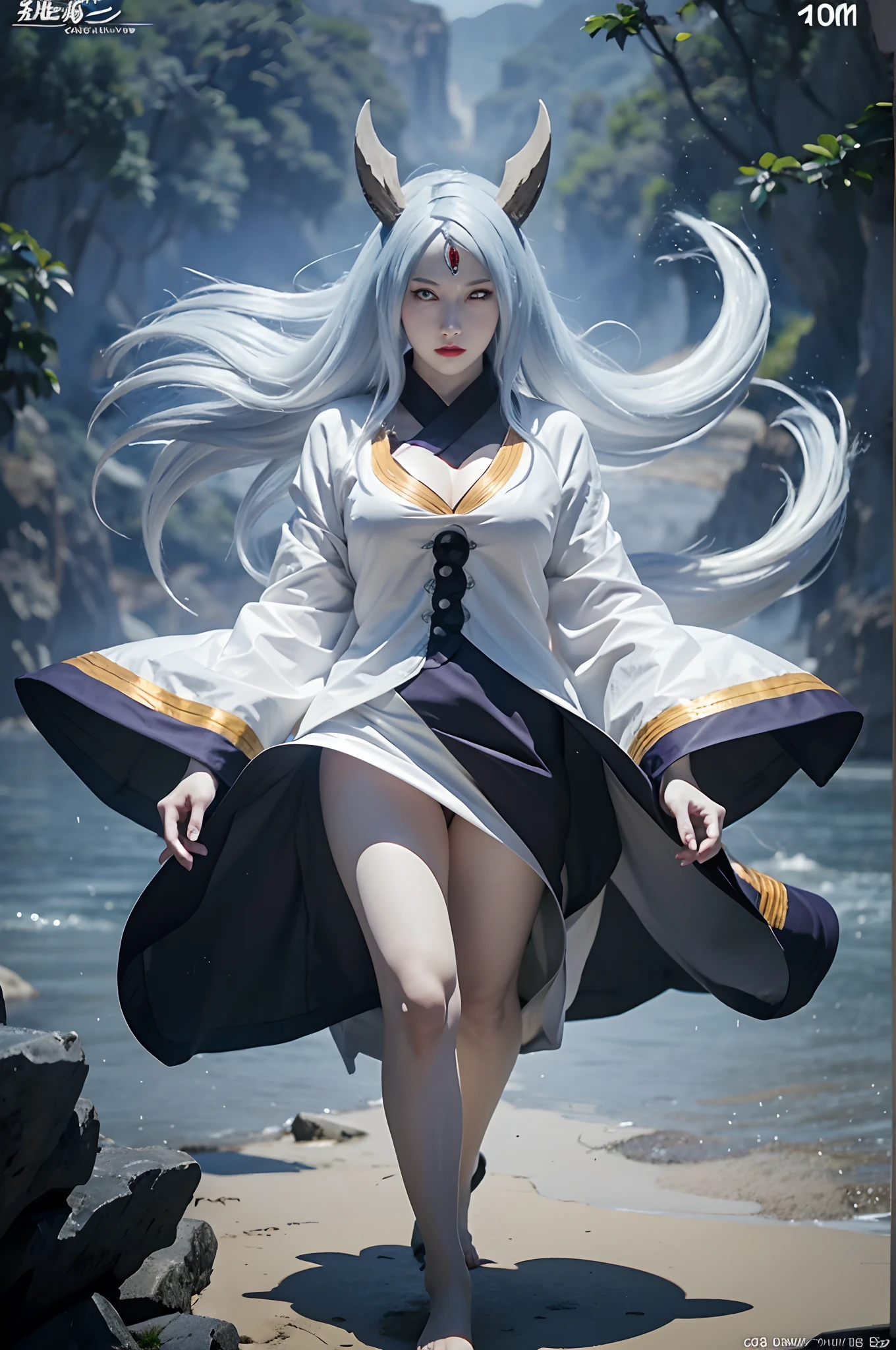 a girl with horns and a white robe showing breasts walking in the water, cleavage, kaguya otsusuki, white haired god, white skin color, white colored skin, white colored body skin, onmyoji, onmyoji detail art, onmyoji portrait, anime epic artwork, works anime fantasy art, anime fantasy illustration, anime art, advanced digital anime art, digital anime art, anime artwork, 4k anime style, anime style artwork, anime style digital art, anime character art, kaguya otsusuki from naruto