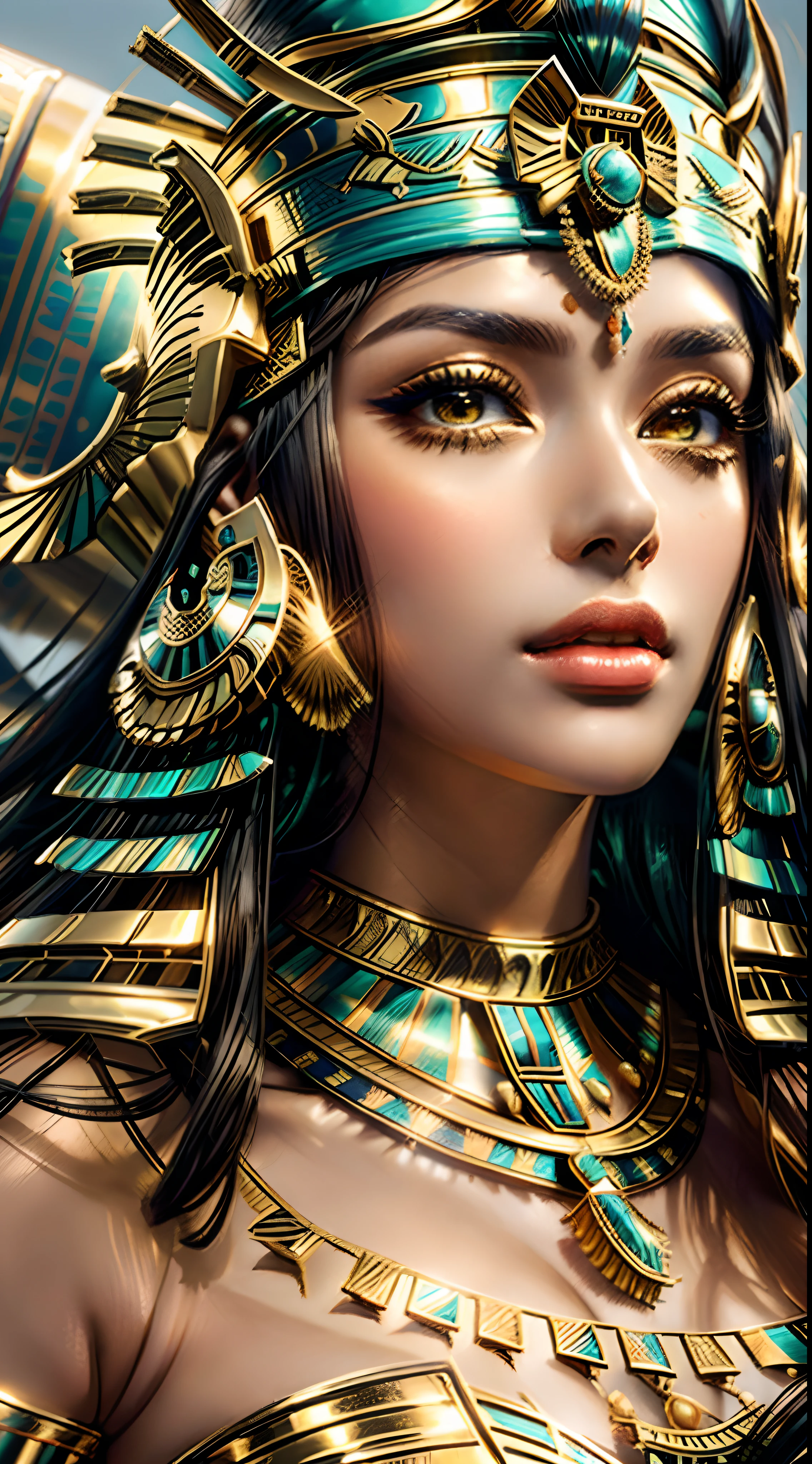 A closeup of a woman wearing a golden headdress and a red hat, beautiful cleopatra, cleopatra portrait, cleopatrah, Um retrato impressionante de uma deusa, Egyptian Princess, Egyptian, 8k arte detalhada de alta qualidade, deusa. Detalhes extremamente altos, Retrato de uma bela deusa, deusa bonita, uma bela imperatriz fantasia, Egyptian makeup, Princesa Libu antiga