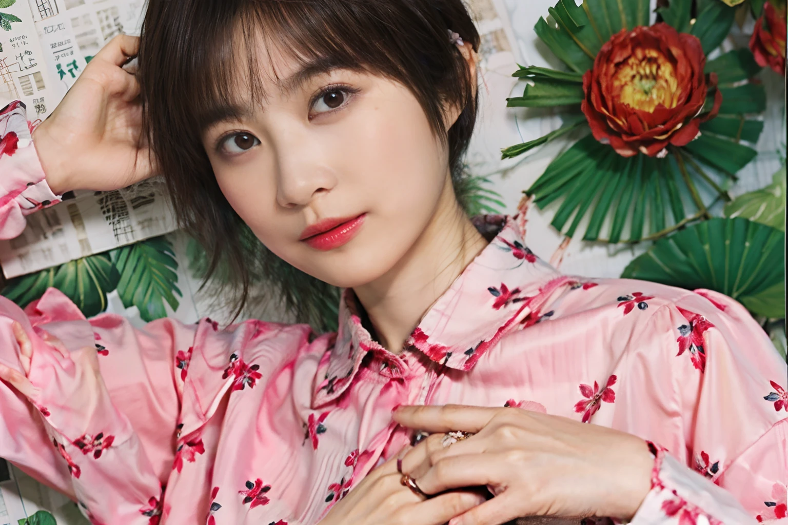 30
(Shorthair:1.23), (a 20 yo woman), (A hyper-realistic), (Masterpiece), (8KUHD), Focus on the face, Long sleeve shirt with floral pattern, (breast:1.23), serene expressions