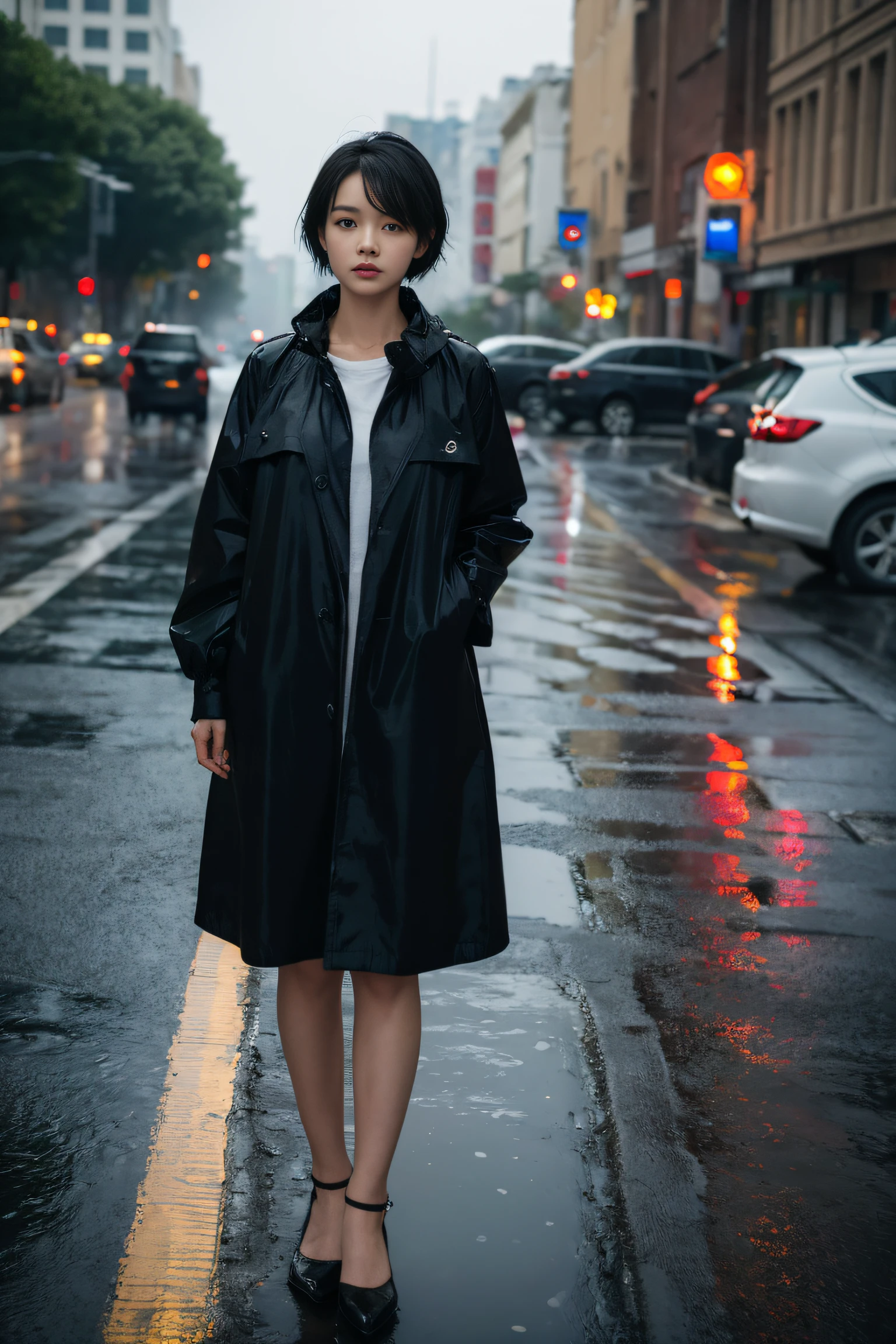 (Best quality, Complex details: 1.2,Realistic:1.2) ,A girl\(24 years old\),[Liu Yifei:0.9],(black raincoat),blue short hair, ,stand ,,street,raining,