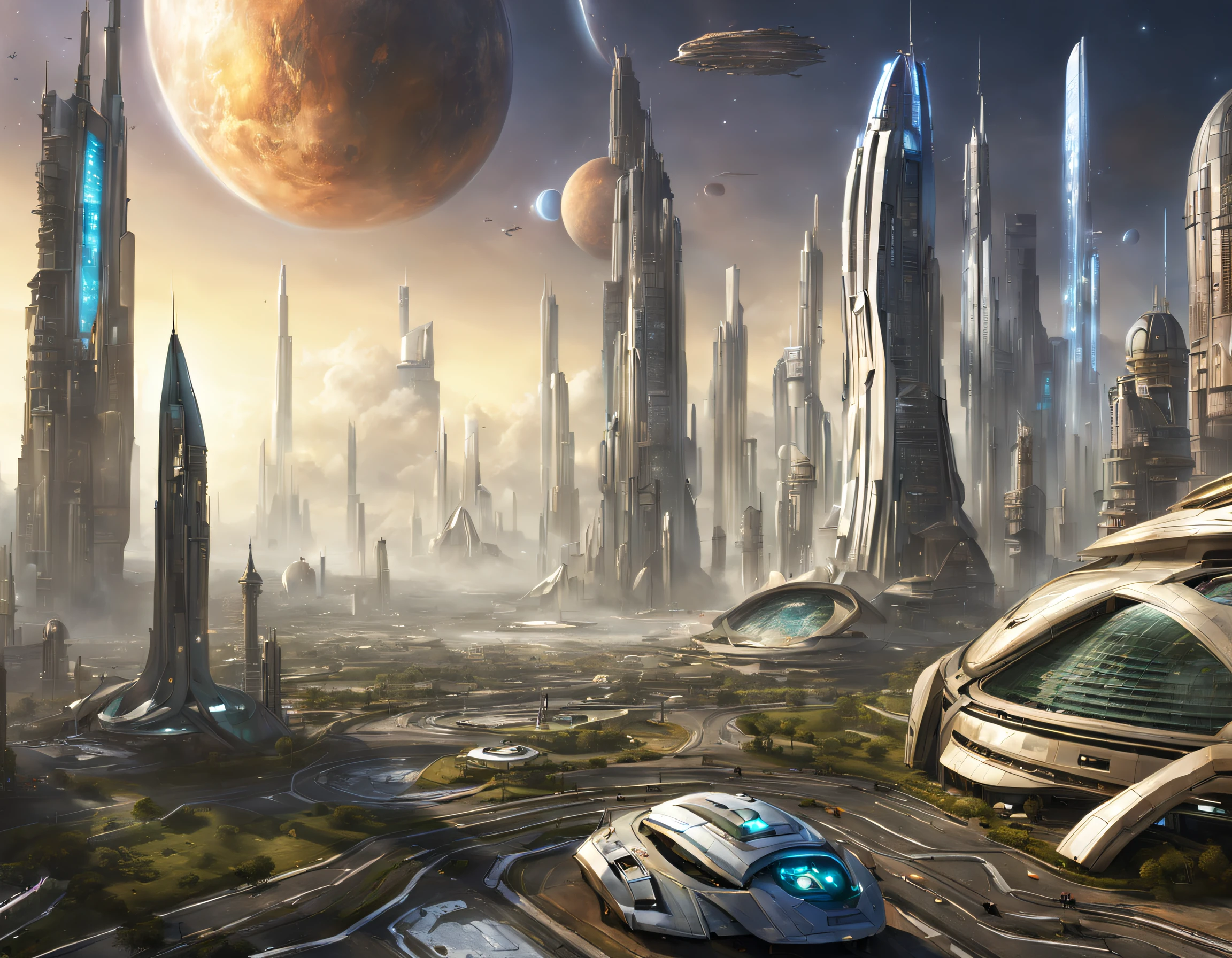 On an unknown planet there is a futuristic city with immense buildings of technological design que forman una infinita avenida, con estructuras acristaladas en plata, oro y bronce espectaculares en la que sobrevive un robot femenino espectacular. con colores vivos. pavimento ensolado. gente paseando. cierto aire a coruscant.