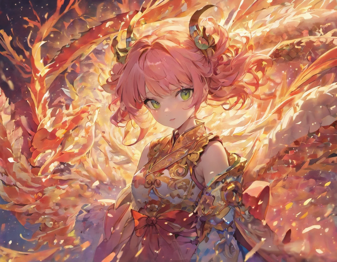 ((masterpiece)),((best quality)),(ultra-detailed),(illustration),((an extremely delicate and beautiful)),(dynamic angle),chinese dragon,china,1girl,(beautiful detailed eyes),cute pink eyes,green pupil,detailed face,upper body,messy floating hair,disheveled hair,focus,perfect hands,full body,panorama,medium view,highres,