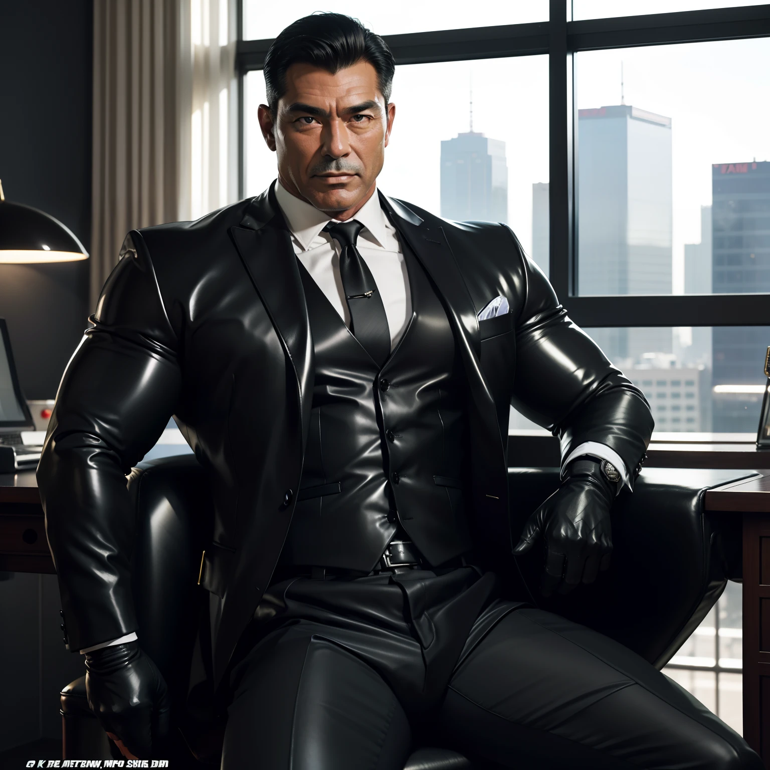 50 years old,daddy,shiny suit ,Dad sat on a chair,k hd,in the office,big muscle, gay ,black hair,asia face,masculine,strong man,the boss is,handsome,sex,leather gloves,lecherous dad,look straight ahead,dad is handsome,dad is erection ,dad is sex dad