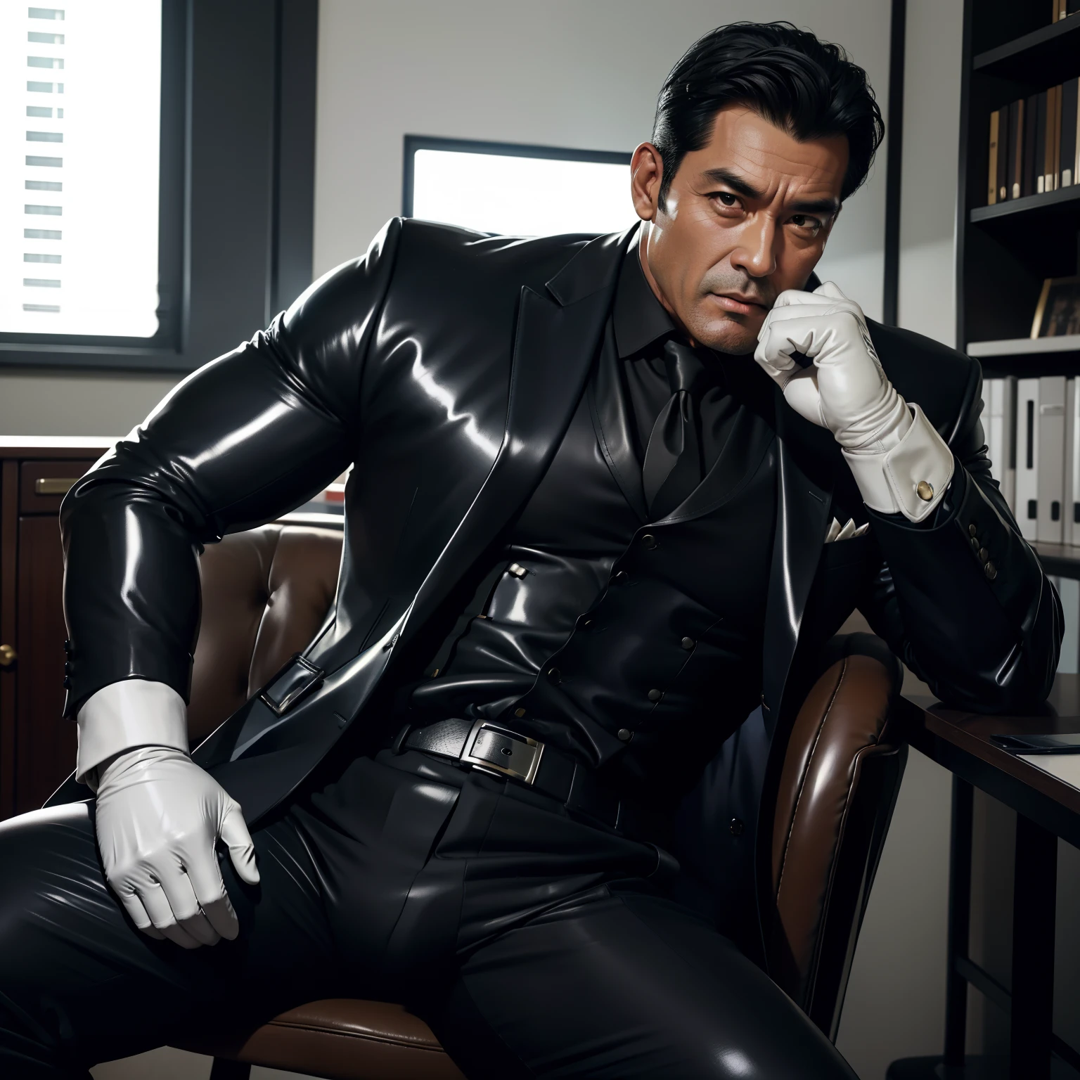 50 years old,daddy,shiny suit ,Dad sat on a chair,k hd,in the office,big muscle, gay ,black hair,asia face,masculine,strong man,the boss is,handsome,sex,leather gloves,lecherous dad,look straight ahead,dad is handsome,dad is horny ,dad is sex dad