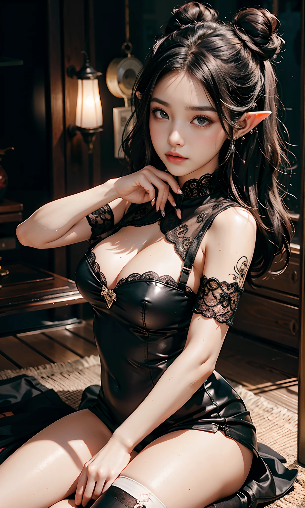 (raining day:1 bun lady,Tattooed with,Smoky makeup,Black hair combed into a bun,extra very long hair) tmasterpiece, best qualtiy, RAW photogr, realisticlying, the face, Incredibly Ridiculous res, Beautiful elf beauty, ear studs,Get wet all over, (Extra-long dark black hair,double bun hair), black formal,(black lence stockings),Black stockings,Stocking feet,(Martin boots),depth of fields, A high resolution, ultra - detailed, filigree, RAWE is very detailed, very detailed eyes and faces, Sharp pupils, realistic pupil, tack sharp focus, cinmatic lighting,full bodyesbian,Bigboobs,long leges,From the front side,Main street on a rainy day,dynamicposes