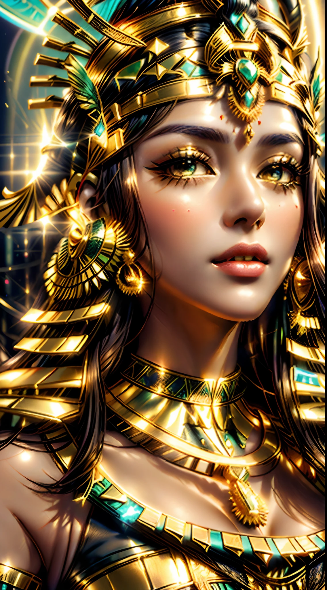 A closeup of a woman wearing a golden headdress and a red hat, beautiful cleopatra, cleopatra portrait, cleopatrah, Um retrato impressionante de uma deusa, Egyptian Princess, Egyptian, 8k arte detalhada de alta qualidade, deusa. detalhes extremamente altos, Retrato de uma bela deusa, deusa bonita, uma bela imperatriz fantasia, Egyptian makeup, Princesa Libu antiga