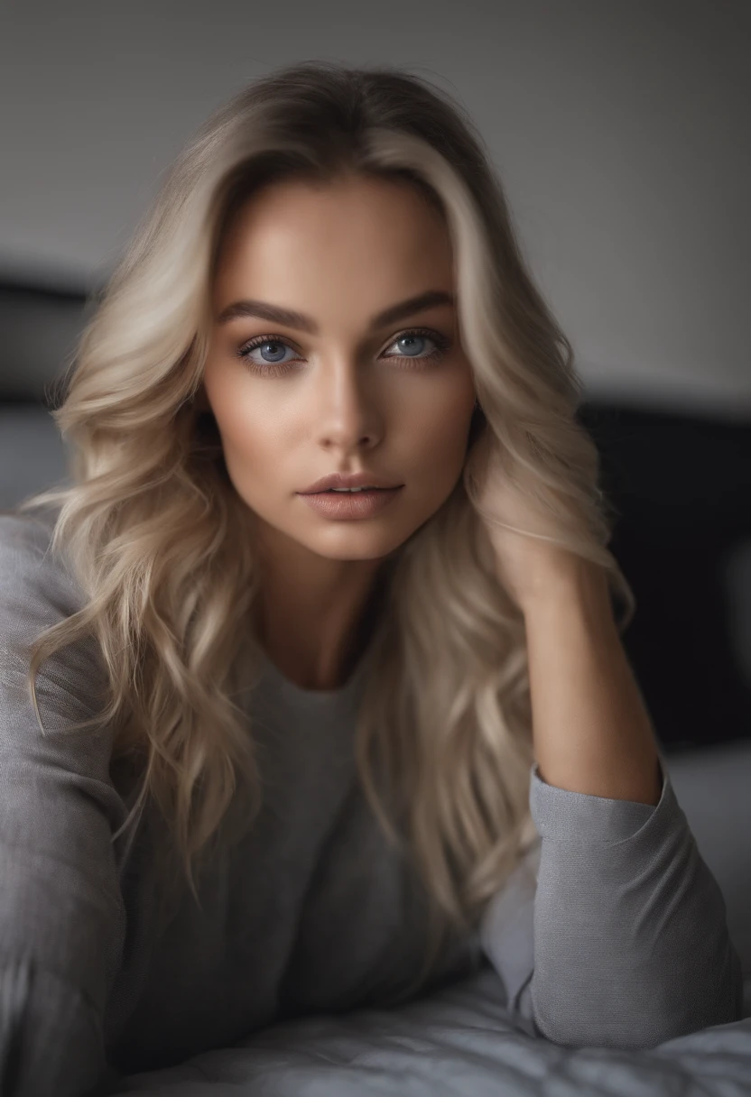 Arafed woman completely , fille sexy aux yeux bleus, ultra realist, Meticulously detailed, Portrait Sophie Mudd, cheveux blonds et grands yeux, selfie of a young woman, Yeux de chambre, Violet Myers, sans maquillage, maquillage naturel, looking straight at camera, Visage avec Artgram, Maquillage subtil, Great photo of the whole body kneeling on the bed, dans la chambre, Medium to large bust