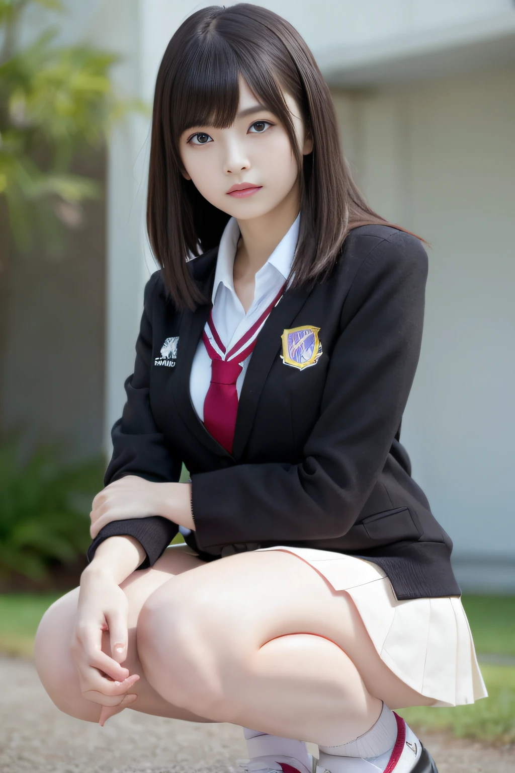 (masutepiece, Best Quality, photographrealistic:1.4), (nffsw, Raw photo, 8K Wallpaper, High resolution), (Shiny skin), Award-winning, Cinematic lighting, Physically-based rendering, Textured skin, extra detailed face, (extremely detailed eye), Carl Zeiss 300mm F/2.8, (Solo, 1 girl), BREAK, Very cute 16 year old schoolgirl, Nogizaka Idol, K-pop idol, Shiny straight black hair, Medium Bob Cut, Bangs, medium breasts, thick thighs, (Squatting, Hug your knees with your arms), Wearing a Japan uniform, (School Blazer Jacket:1.3), (collared white shirt, School Ribbon, Pleated skirt, Shorts, Loose socks, lowfers), BREAK, In the outfield, (Close Shot, View from the front, View from below), bokeh on background,