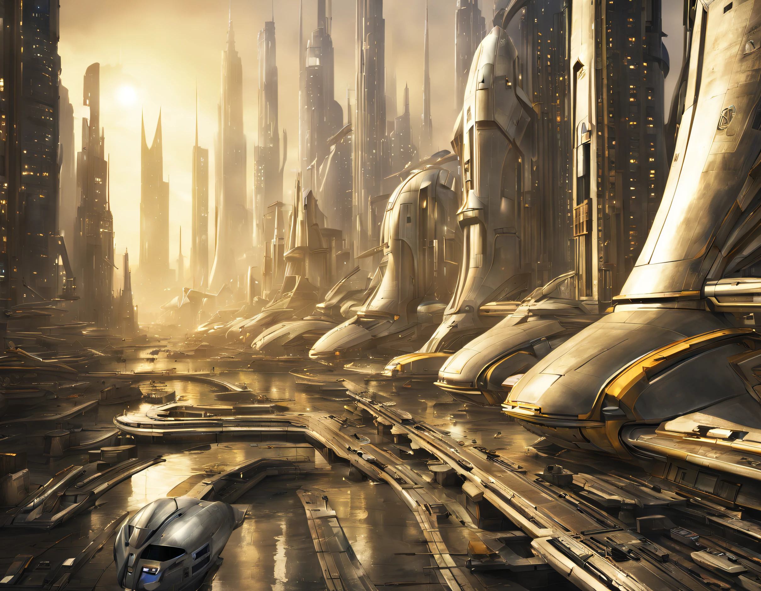 On an unknown planet there is a futuristic city with immense buildings of technological design que forman una infinita avenida, con estructuras acristaladas en plata, oro y bronce espectaculares en la que sobrevive un robot femenino espectacular. con colores vivos. pavimento ensolado. gente paseando. cierto aire a coruscant.