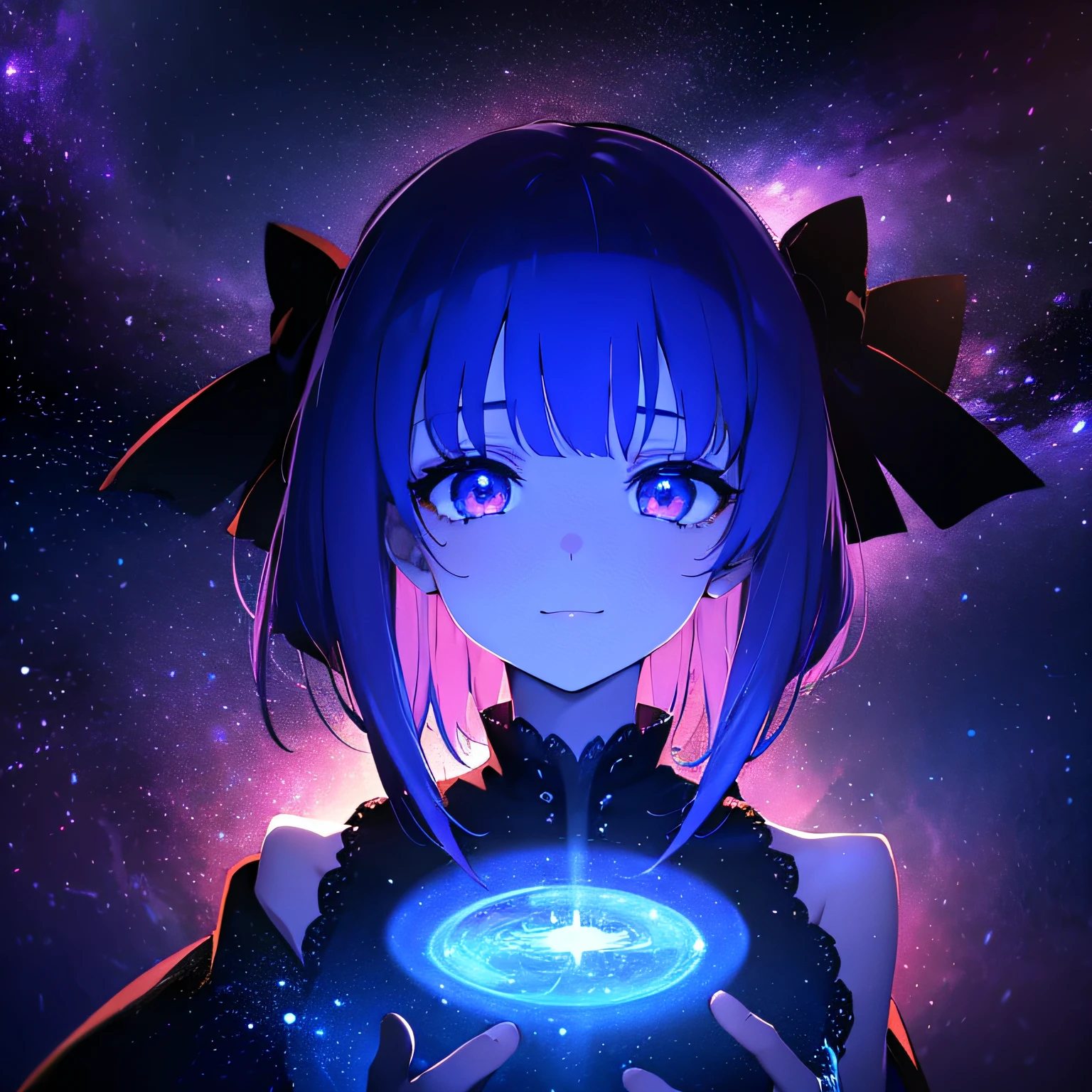 (masutepiece:1.3), (Best Quality:1.3), High resolution, Couboy Shot, on back, Sleeping, (One Cute Girl:1.3), Solo, White skin, tiny chest, huge smile、angel ring on head、Angel Ring、eight-headed person, Purple hair, (bobhair:1.2), Mixed mesh and light blue、Short hair, (Blunt bangs:1.2), Beautiful hair, Eyes are purple, Miraculous Eye、Beautiful detailed eyes, ultradetailed eyes、Glitter eyes、octans,cloud,Colorful starry sky,Stars,Iridescent aura around the eyes、Iridescent eyes、Narrow eyes sucked in,Wearing a rainbow-colored aura from the whole body、purpleish color, Outdoors, Purple background, Shadow lighting,perfectbody