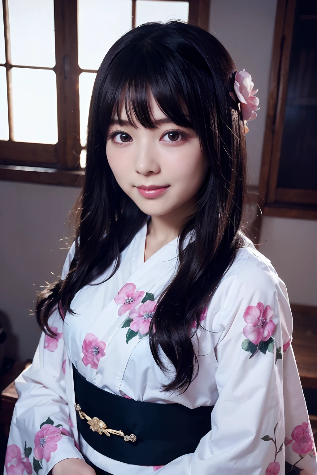((masutepiece)), ((Best Quality)), (Ultra-detailed), ((Extremely detailed)), 4K, (8K), Best Quality, (Beautiful), Dynamic Angle, Hydrangea flower tree, Cute little girl s, 1girl in, Solo, Kimono, japanese cloth, beautiful black hair0, ((Beautiful eyes))0, Smile