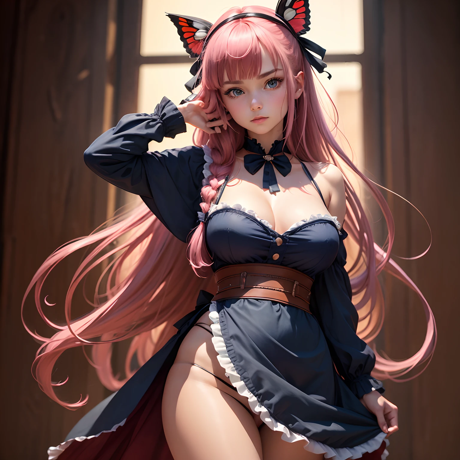 8k, masterpiece, best quality, realistic, higly detailed, cowboy shot, 1girl, solo, Nino, cute, cold-looking girl, waist-length straight hair, square bangs hanging over eyebrows, reddish-pink hair, twin butterfly-shaped ribbons on both sides of head, dark blue eyes, average height, well-endowed figure, large breasts, fashionable girl, various cute accessories, takes care of nails, Maid